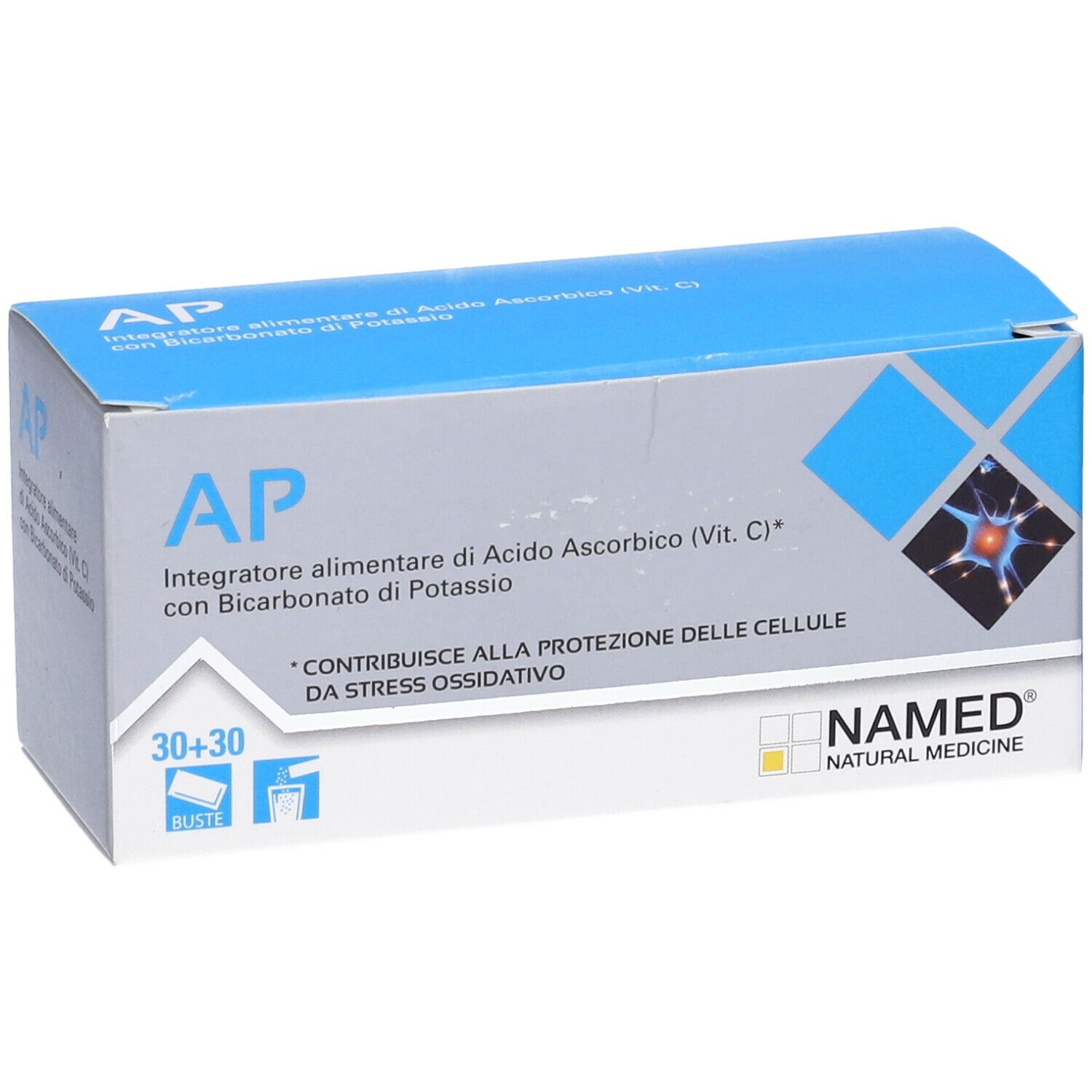 Scatola blu e bianca con logo "AP" e testo. Contiene 30+30 bustine. Logo "NAMED Natural Medicine".