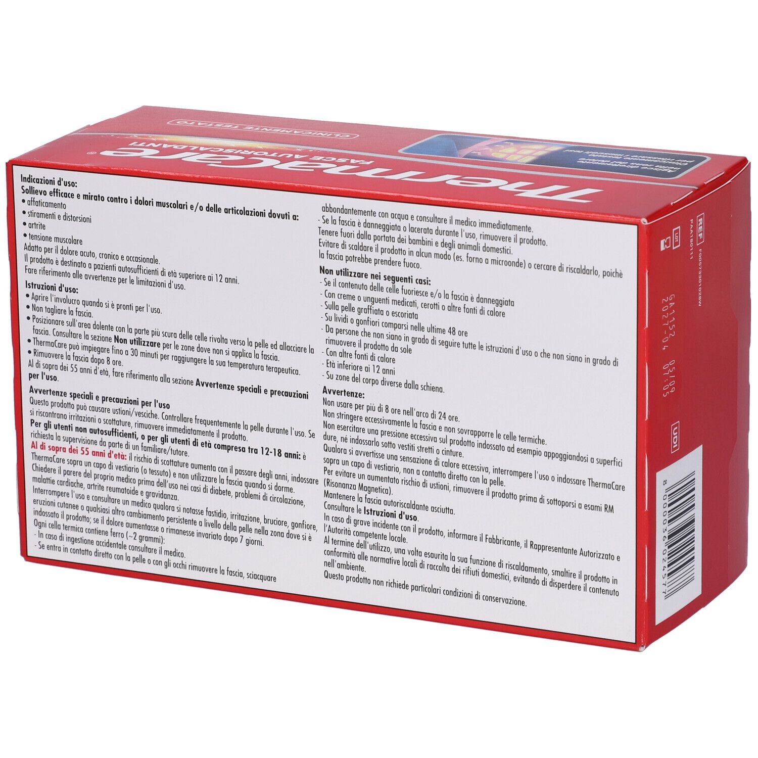 Confezione rossa con nome del prodotto e testo. Retro con avvertenze e istruzioni in italiano.