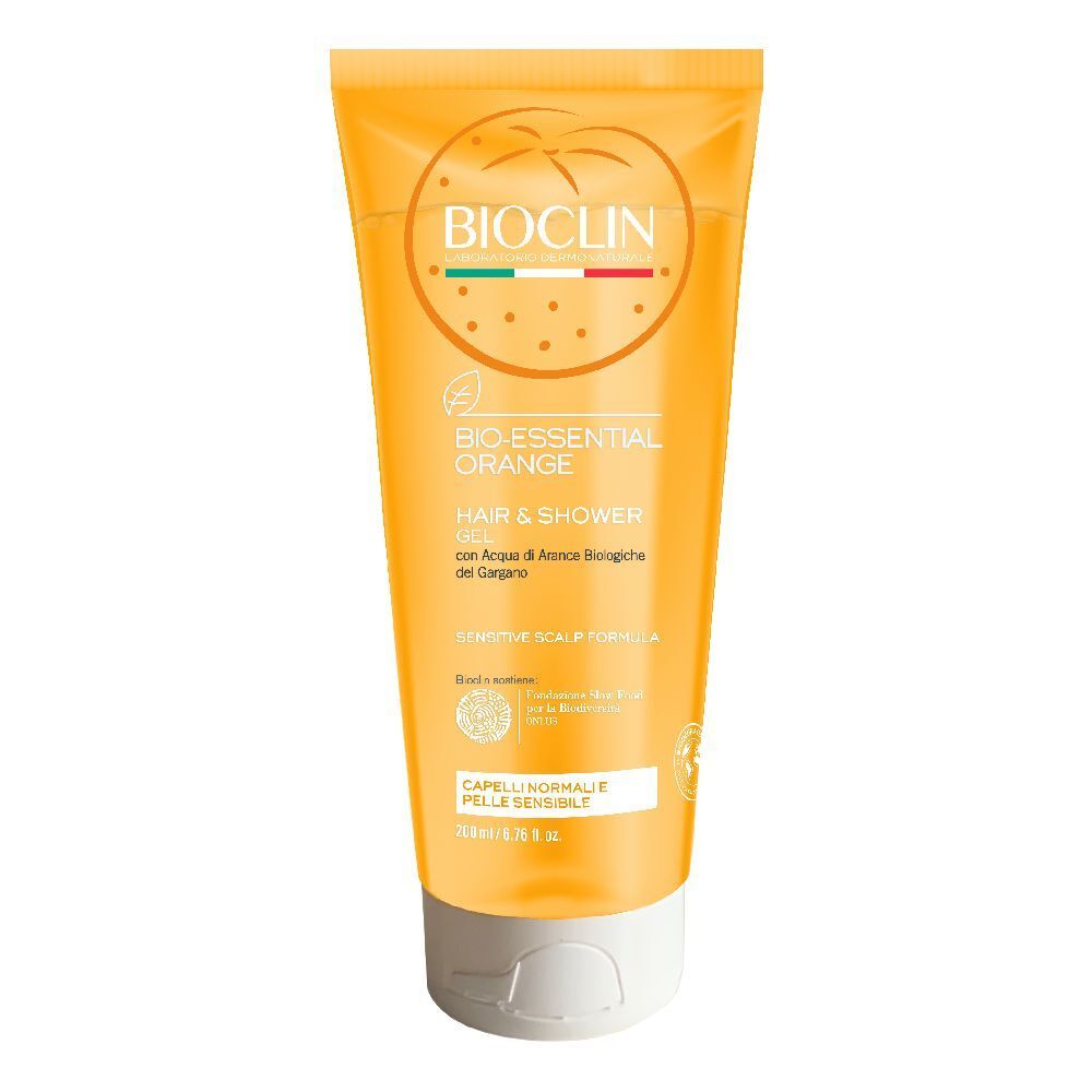 Gel doccia BIOCLIN Bio-Essential Orange. Tubo arancione con tappo bianco. Nome del prodotto e logo visibili.