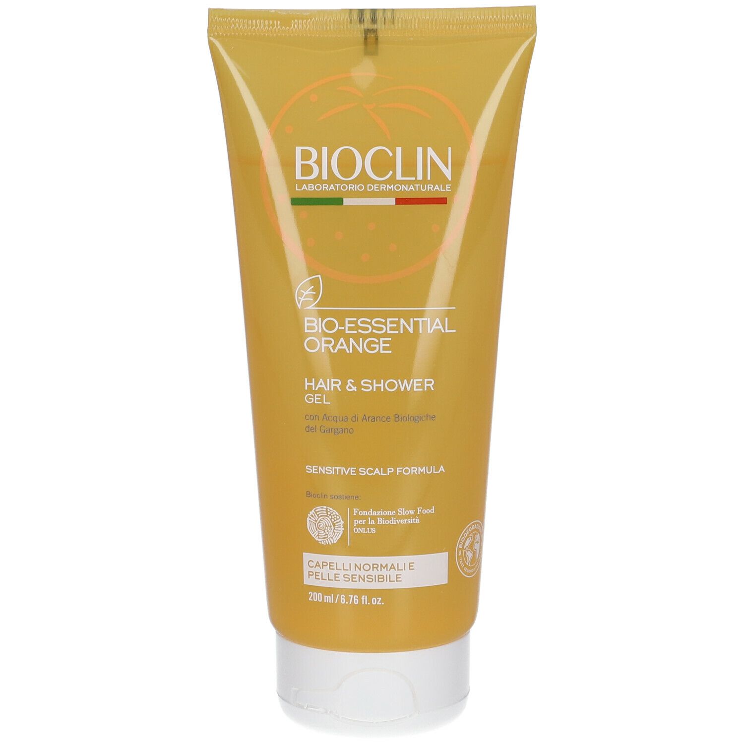 Gel doccia BIOCLIN Bio-Essential Orange. Tubo arancione, tappo bianco. Logo e nome del prodotto ben visibili.
