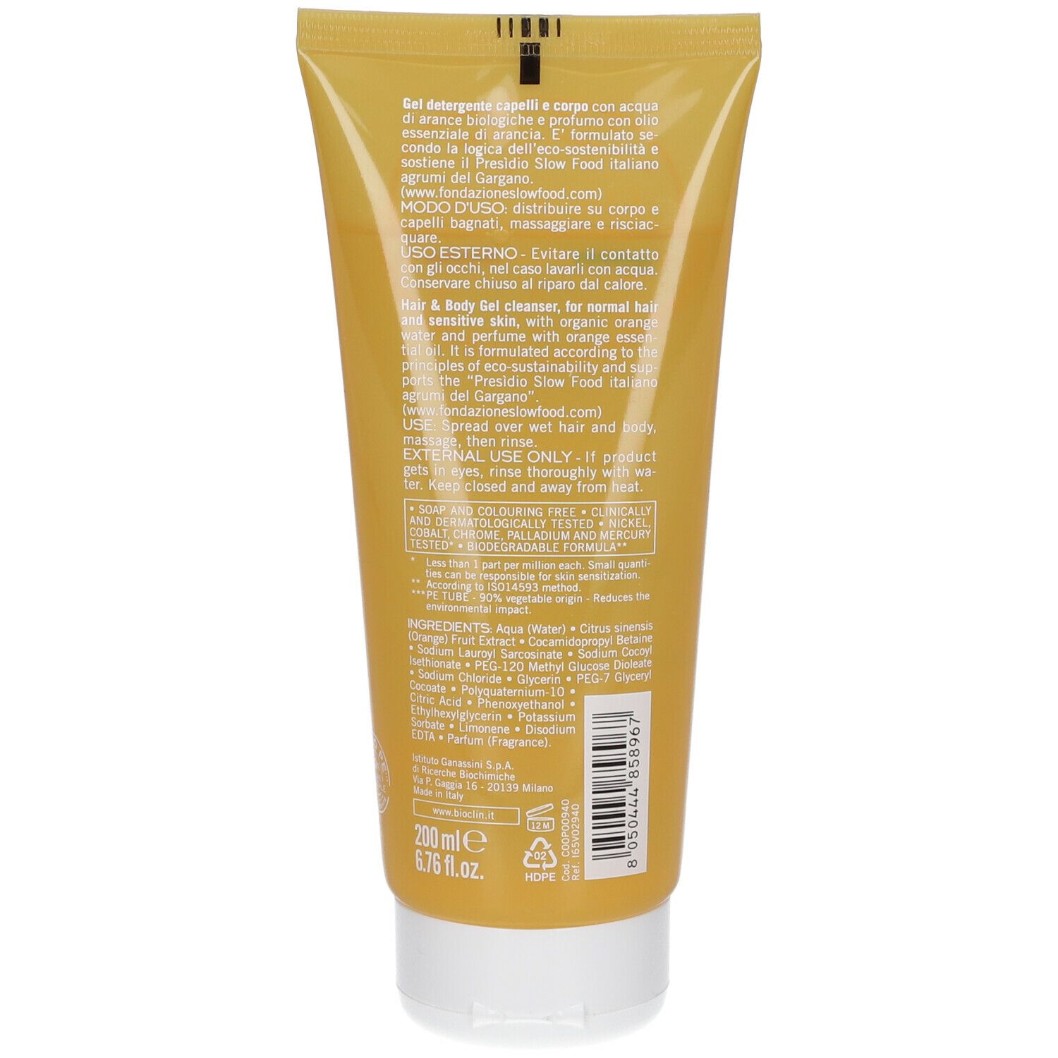 Retro del tubo BIOCLIN Bio-Essential Orange. Testo multilingue. Contiene informazioni sugli ingredienti e l'uso.