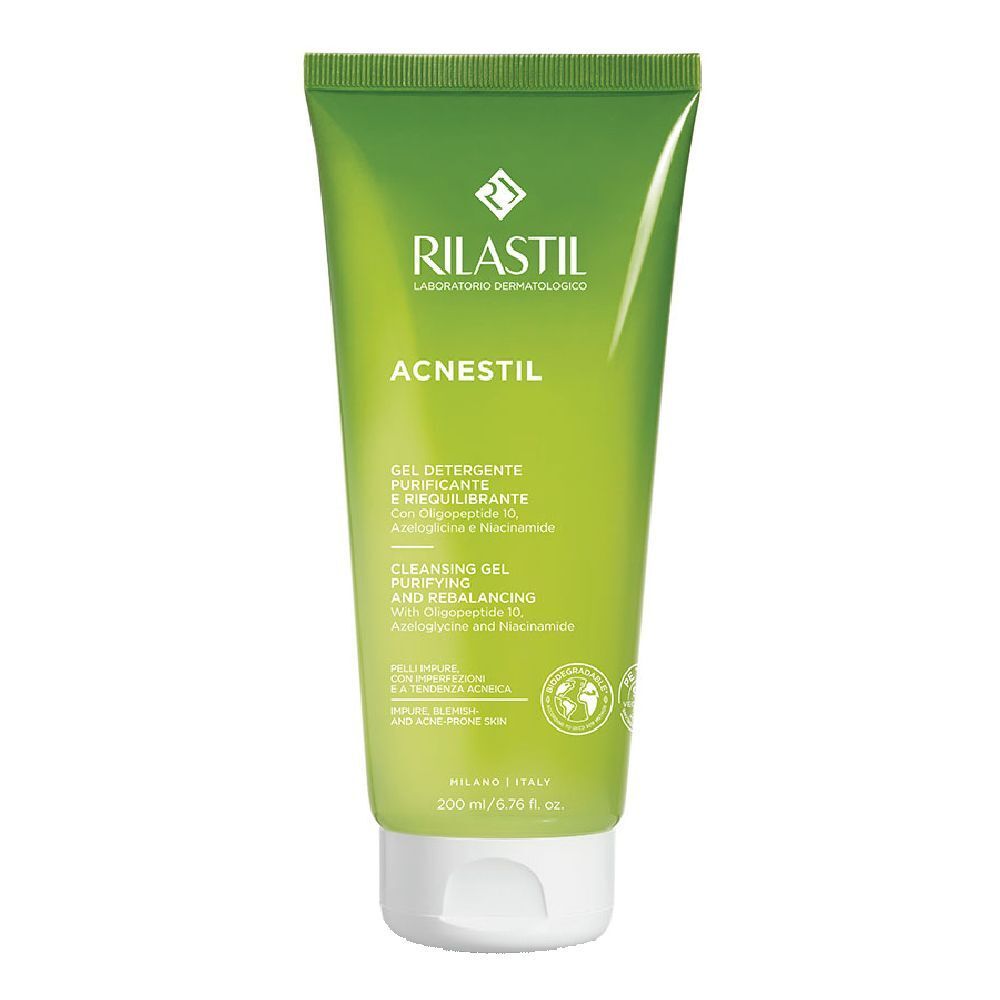 Grüne Tube mit RILASTIL Acnestil Reinigungsgel. Text: Gel detergente, Cleansing Gel. 200ml.