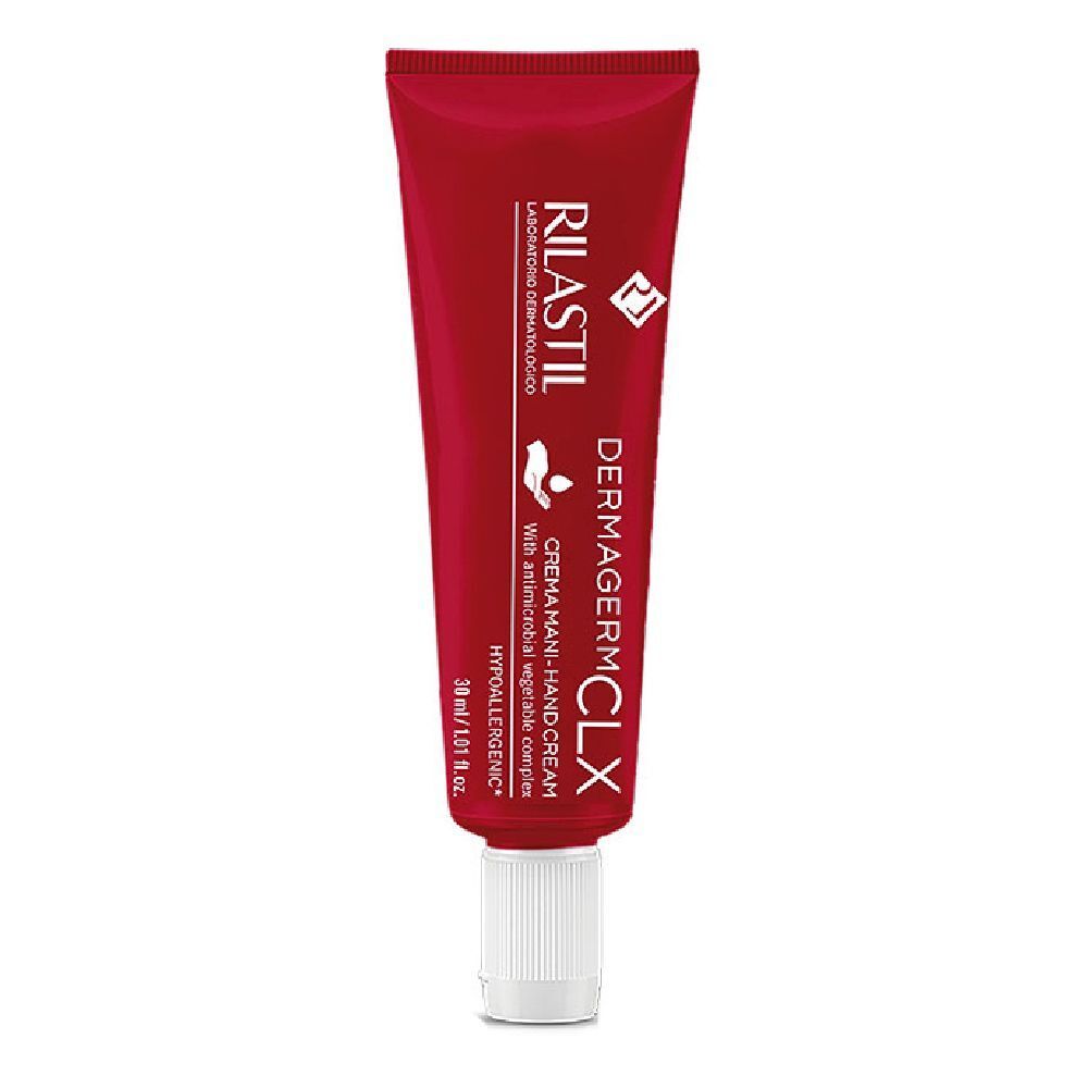 Tubo rosso con tappo bianco. Testo: RILASTIL, DERMAGERM CLX, crema mani. Ipoallergenico.