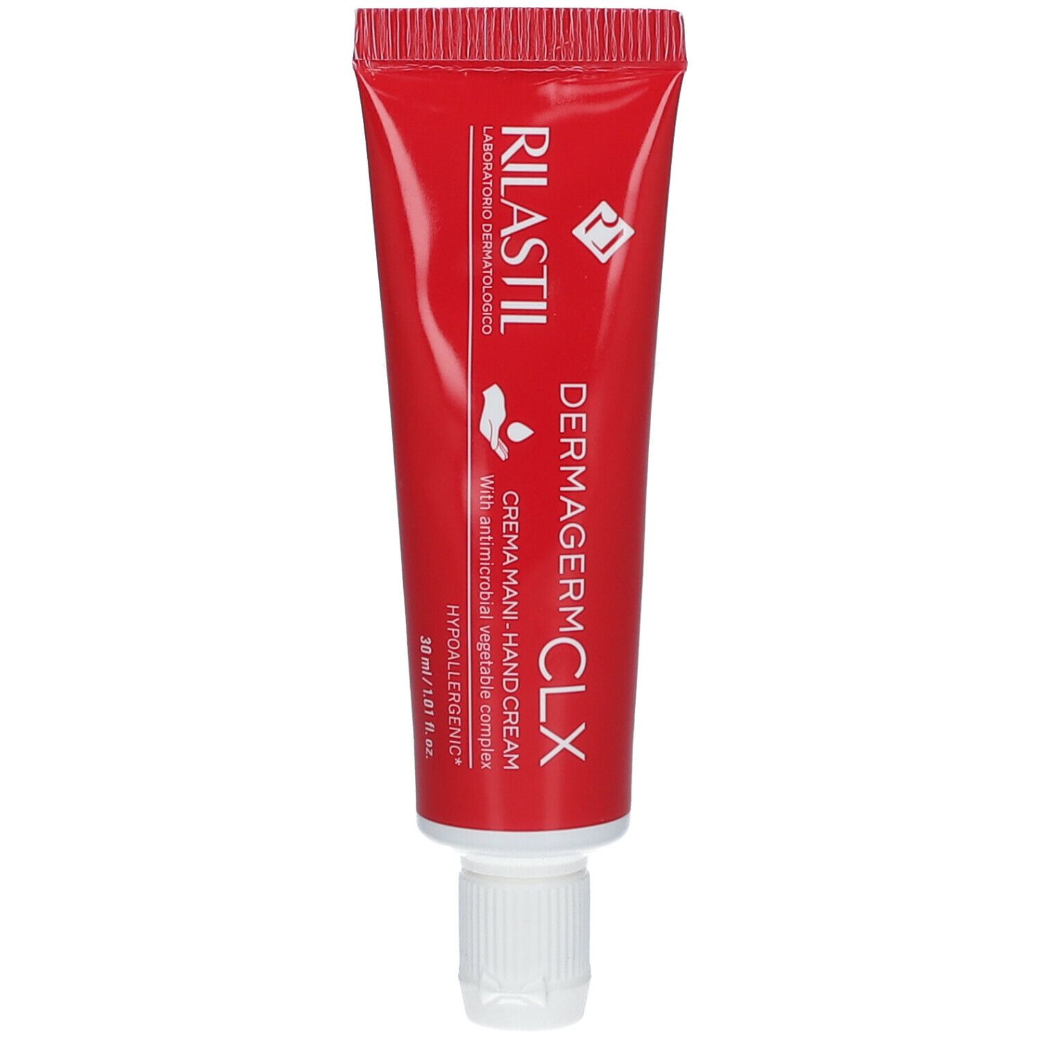 Tubo rosso con tappo bianco. Testo: RILASTIL, DERMAGERM CLX, crema mani. Ipoallergenico.