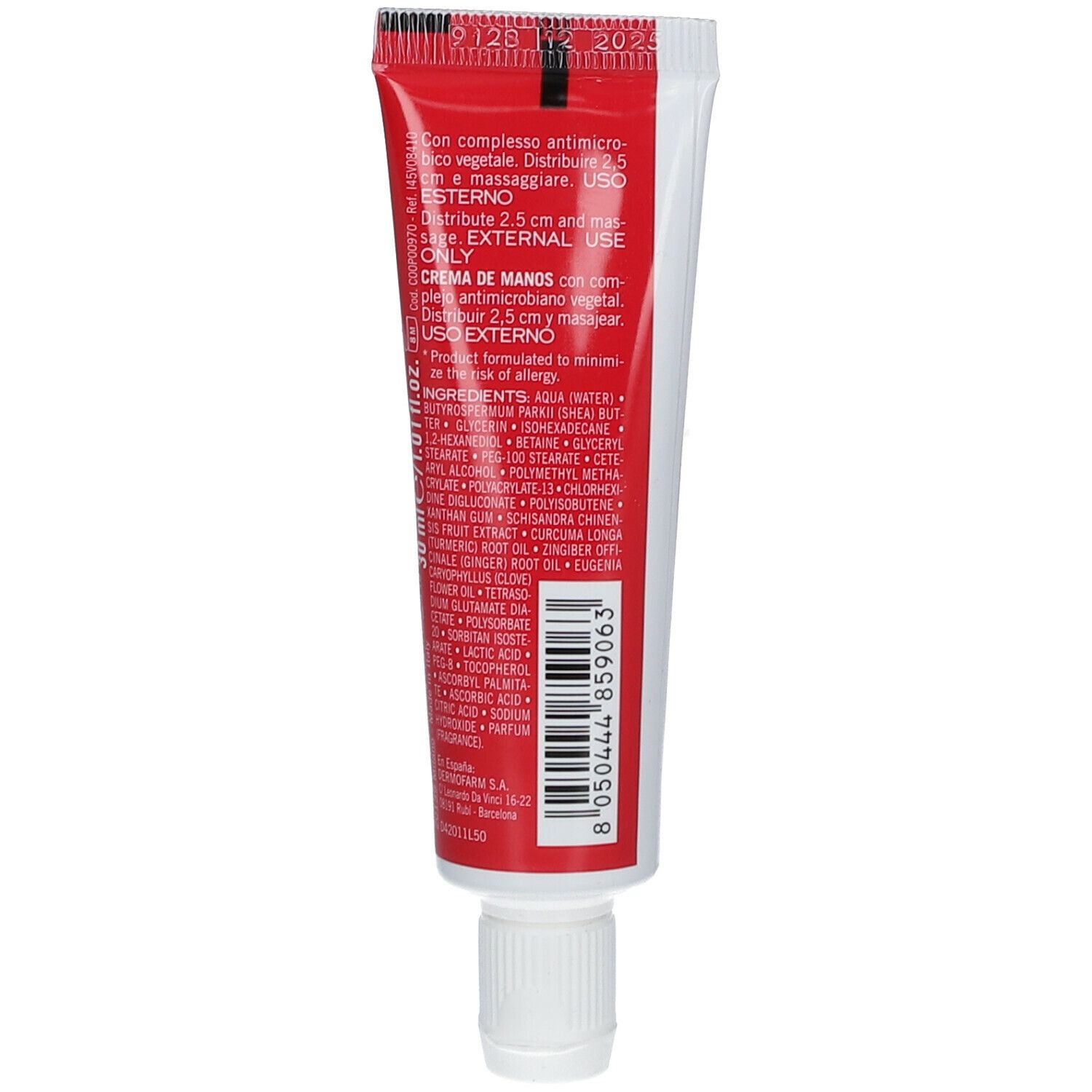 Retro di un tubo rosso con tappo bianco. Testo e ingredienti stampati.