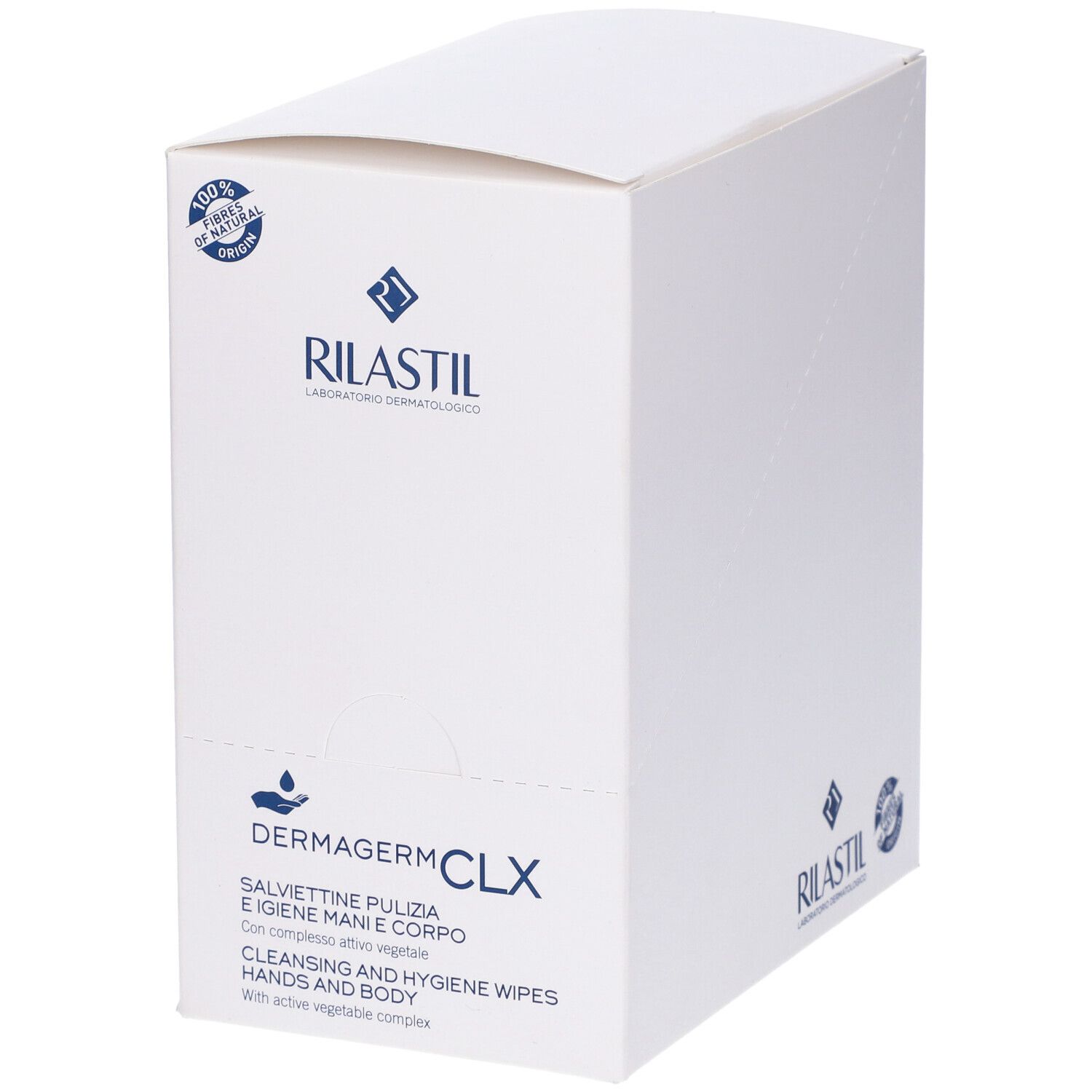 Confezione bianca di salviette detergenti RILASTIL Dermagerm CLX per mani e corpo. Logo e nome del prodotto visibili.