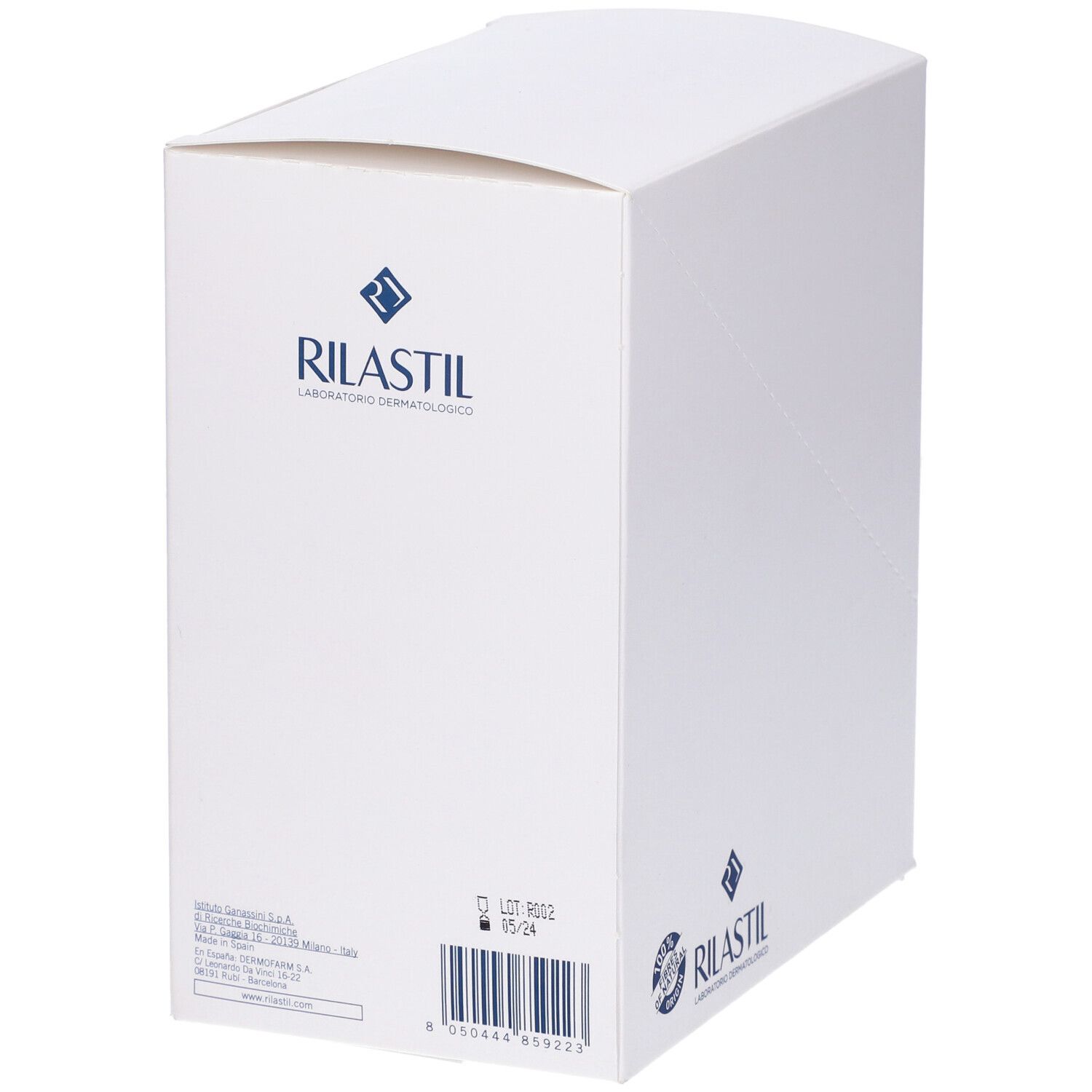 Confezione bianca RILASTIL Dermagerm CLX. Retro con logo, codice a barre e informazioni sul prodotto.