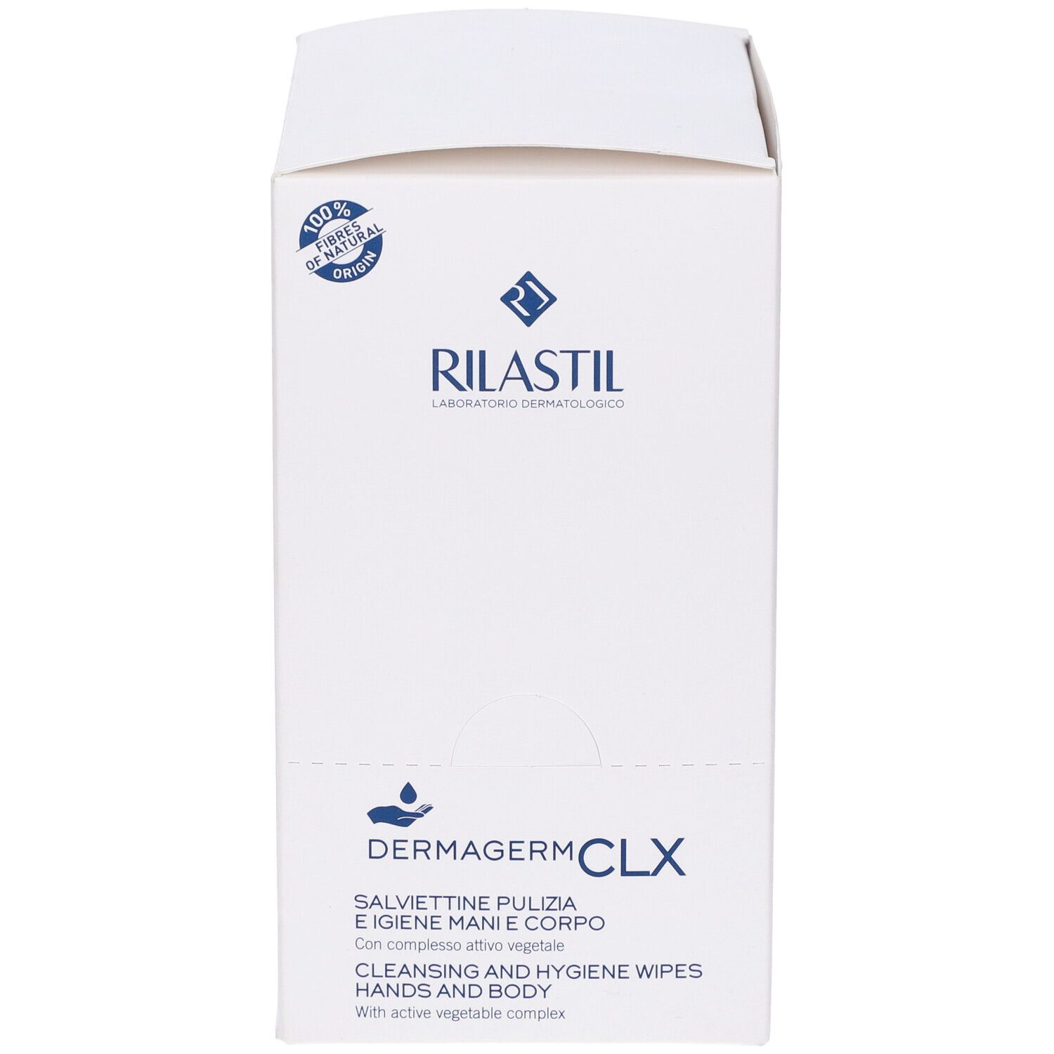 Confezione bianca di salviette detergenti RILASTIL Dermagerm CLX per mani e corpo. Logo e nome del prodotto visibili.