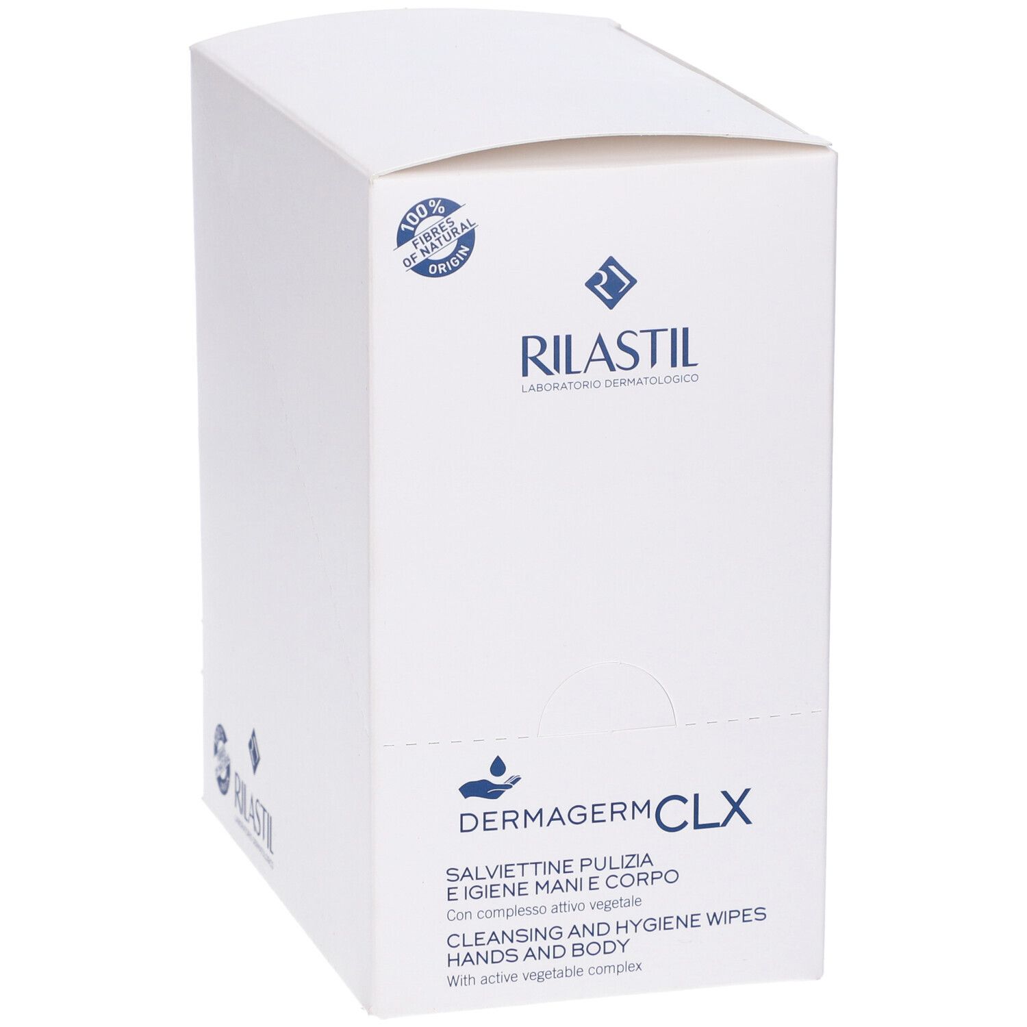 Confezione bianca di salviette detergenti RILASTIL Dermagerm CLX per mani e corpo. Logo e nome del prodotto visibili.