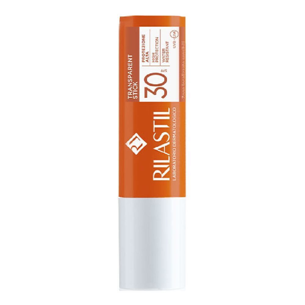 Stick solare trasparente. Contenitore arancione e bianco. Testo: Rilastil, SPF 30, Transparent Stick.