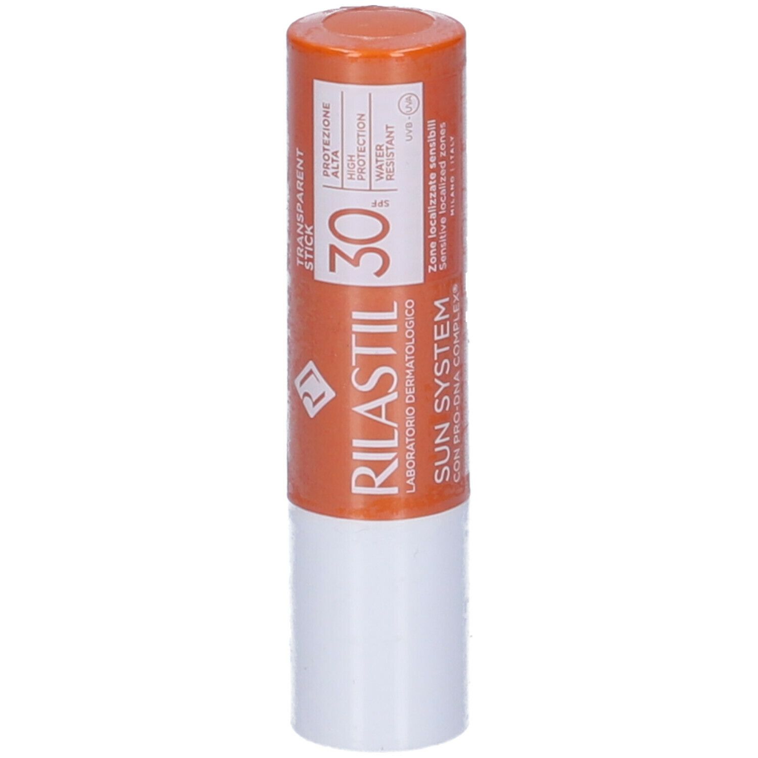 Stick solare. Contenitore arancione e bianco. Testo: Rilastil, Sun System, SPF 30, Transparent Stick.