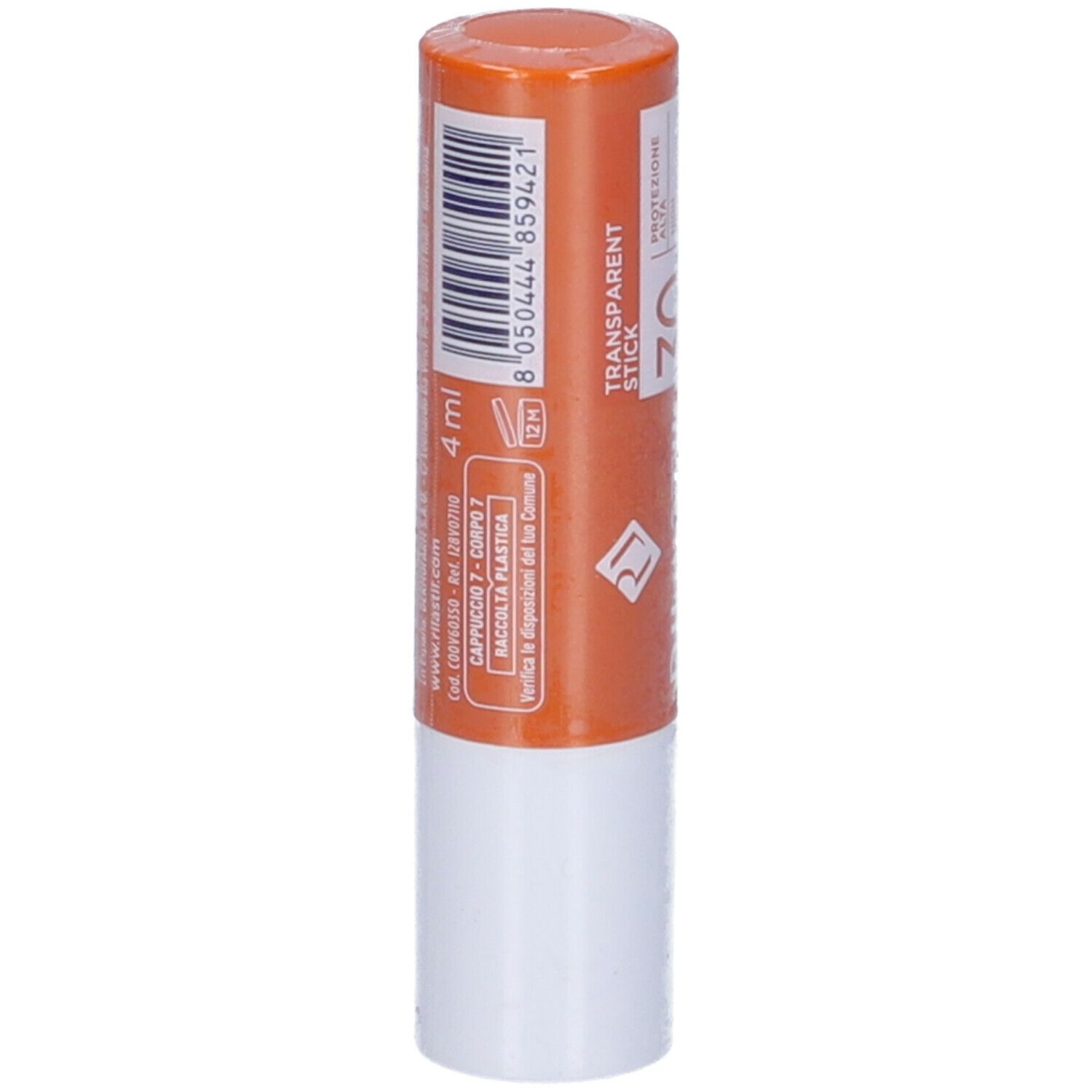 Stick solare. Contenitore arancione e bianco. Testo: Rilastil, Sun System, SPF 30, Transparent Stick, 4 ml.