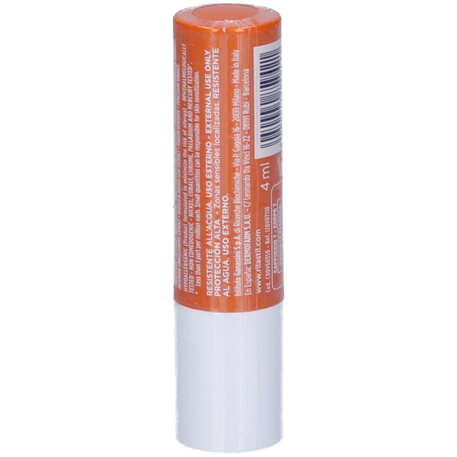 Stick solare. Contenitore arancione e bianco. Testo: Rilastil, Sun System, SPF 30, Transparent Stick, 4 ml.