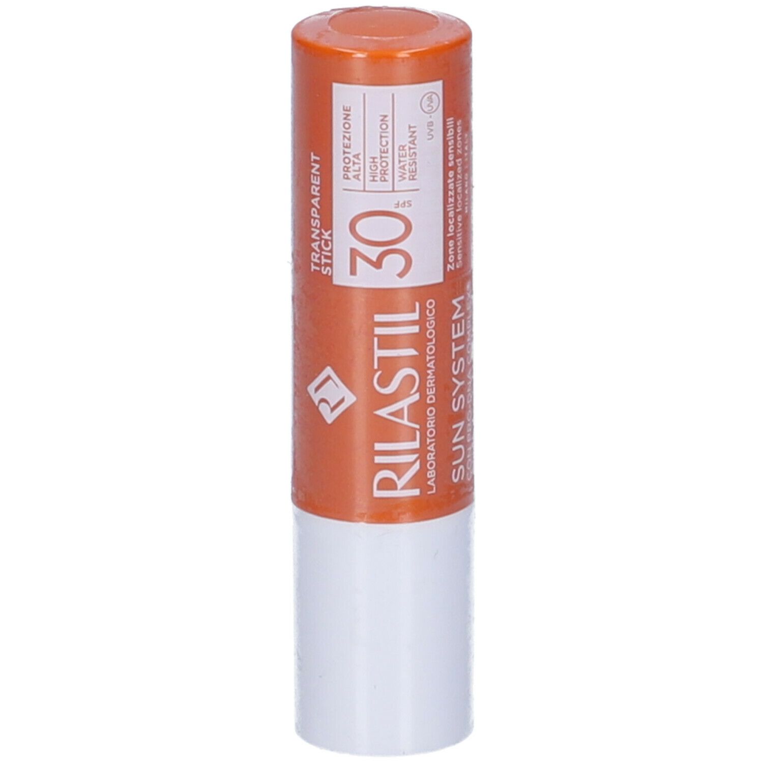 Stick solare. Contenitore arancione e bianco. Testo: Rilastil, Sun System, SPF 30, Transparent Stick.
