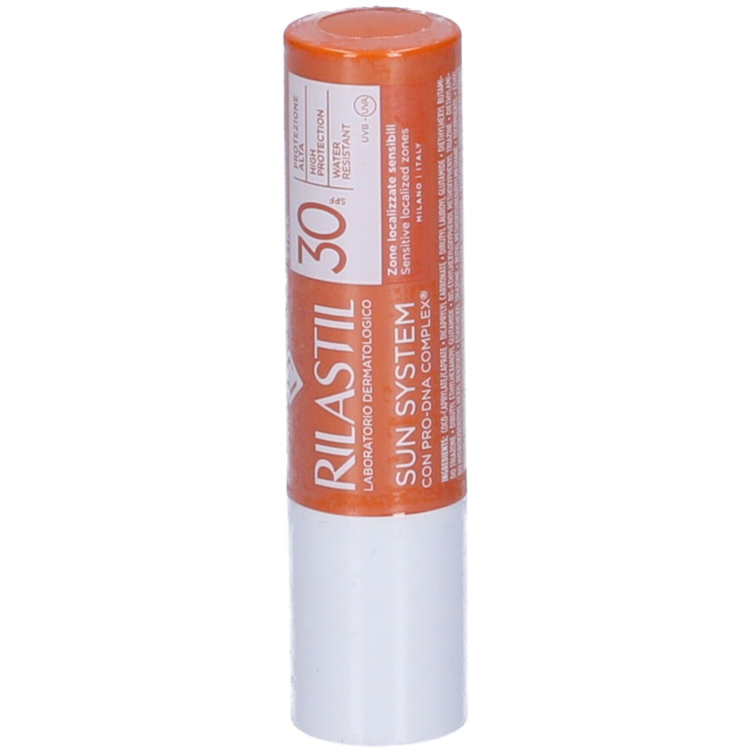 Stick solare. Contenitore arancione e bianco. Testo: Rilastil, Sun System, SPF 30, Transparent Stick, Pro-Dna Complex.