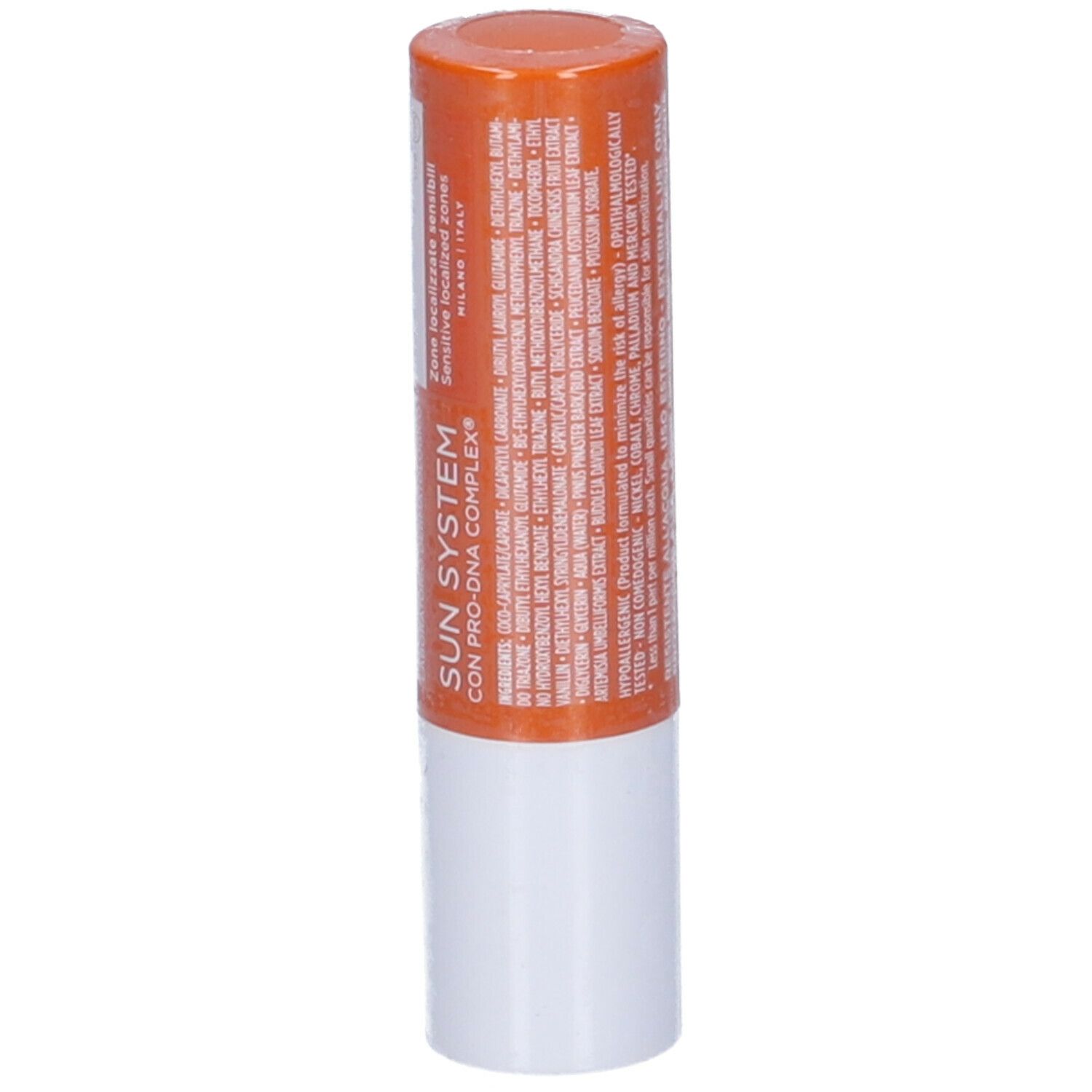 Stick solare. Contenitore arancione e bianco. Testo: Rilastil, Sun System, Pro-Dna Complex. Testo sul retro.