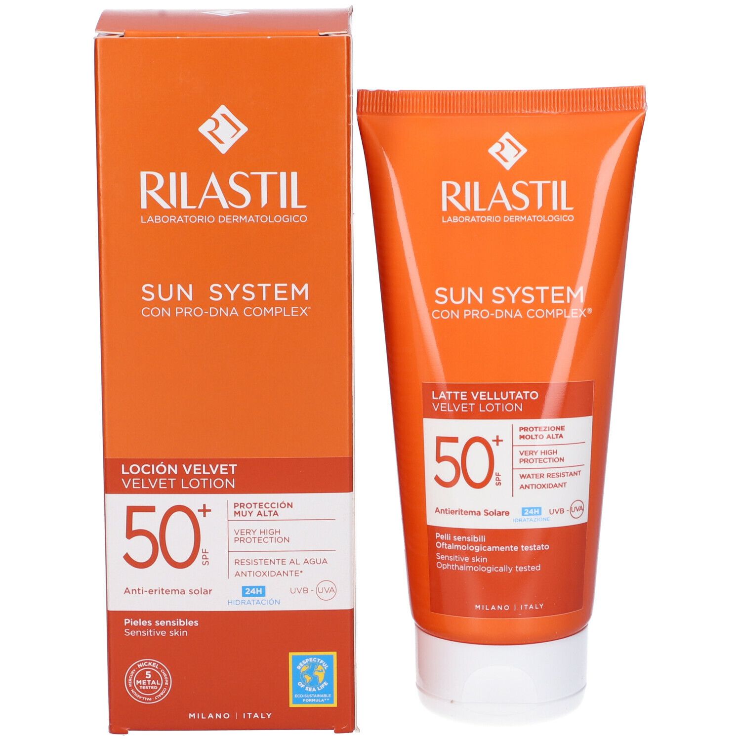 Confezione del prodotto: tubo e scatola. Testo: Rilastil Sun System, Latte Vellutato, SPF 50+, protezione solare.