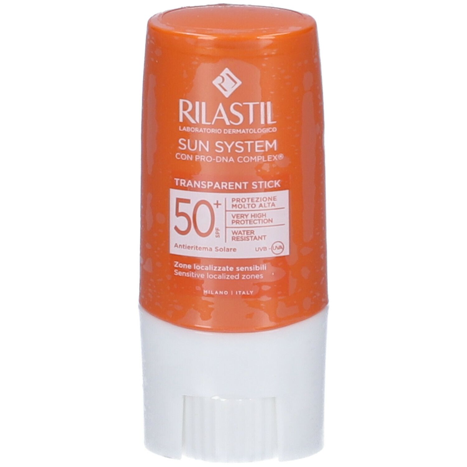 Stick solare trasparente SPF 50+. Confezione arancione e bianca. Testo: Rilastil Sun System.