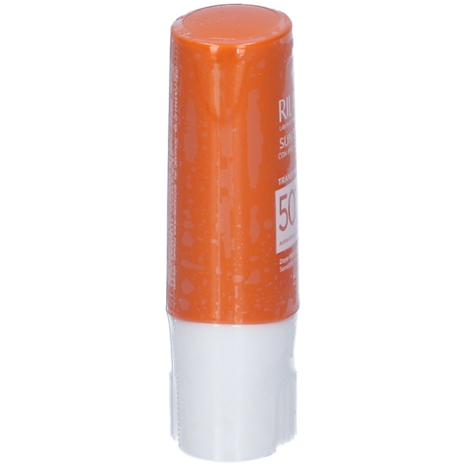 Stick solare cilindrico arancione con base bianca. Nome del prodotto non visibile.