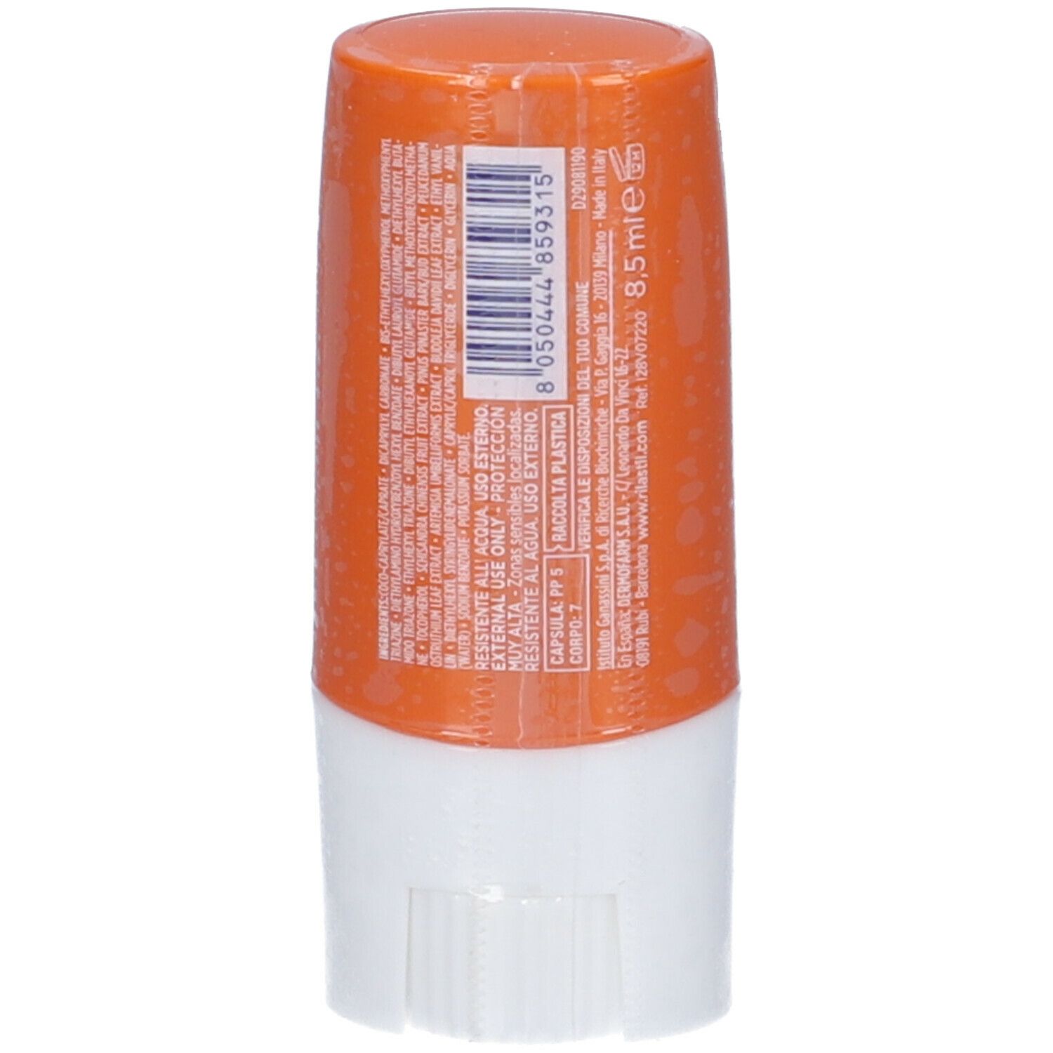 Retro dello stick solare. Arancione con testo e codice a barre. Base bianca.