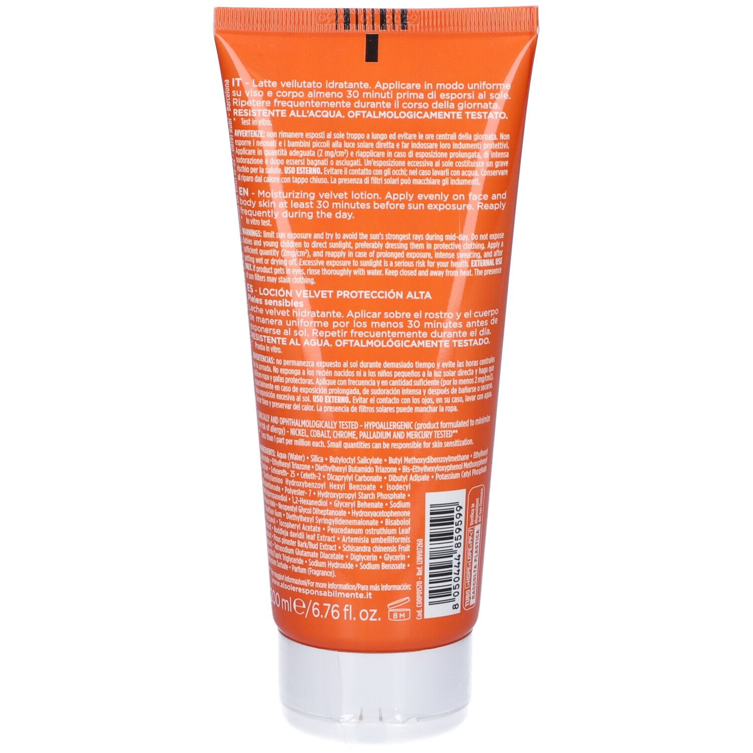 Retro di un tubo arancione. Testo: Rilastil Sun System, istruzioni, ingredienti. 200ml/6.76 fl. oz.