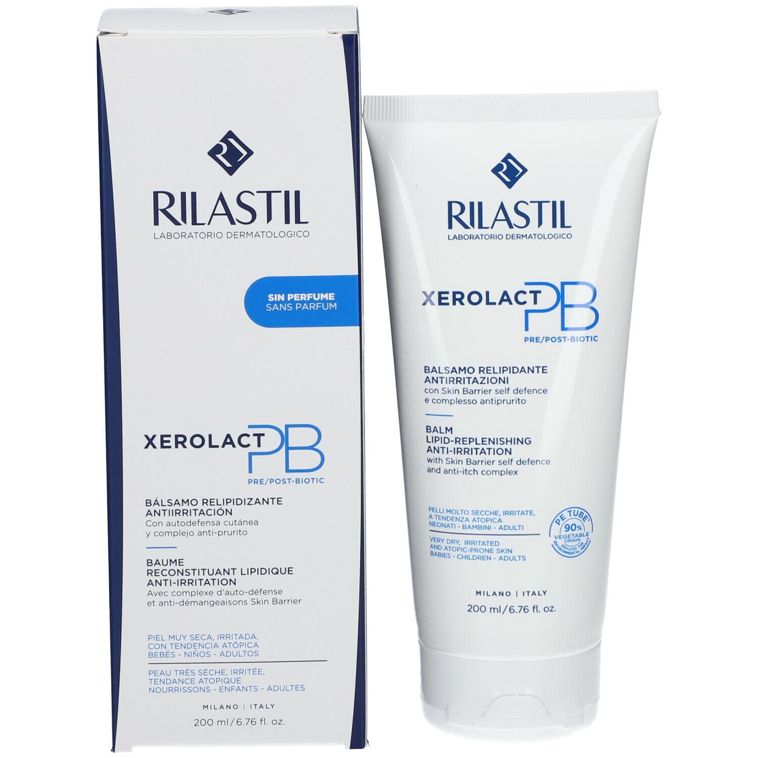 Confezione del prodotto: tubo e scatola. Entrambi bianchi con stampa blu. Contiene balsamo. Marchio: Rilastil.