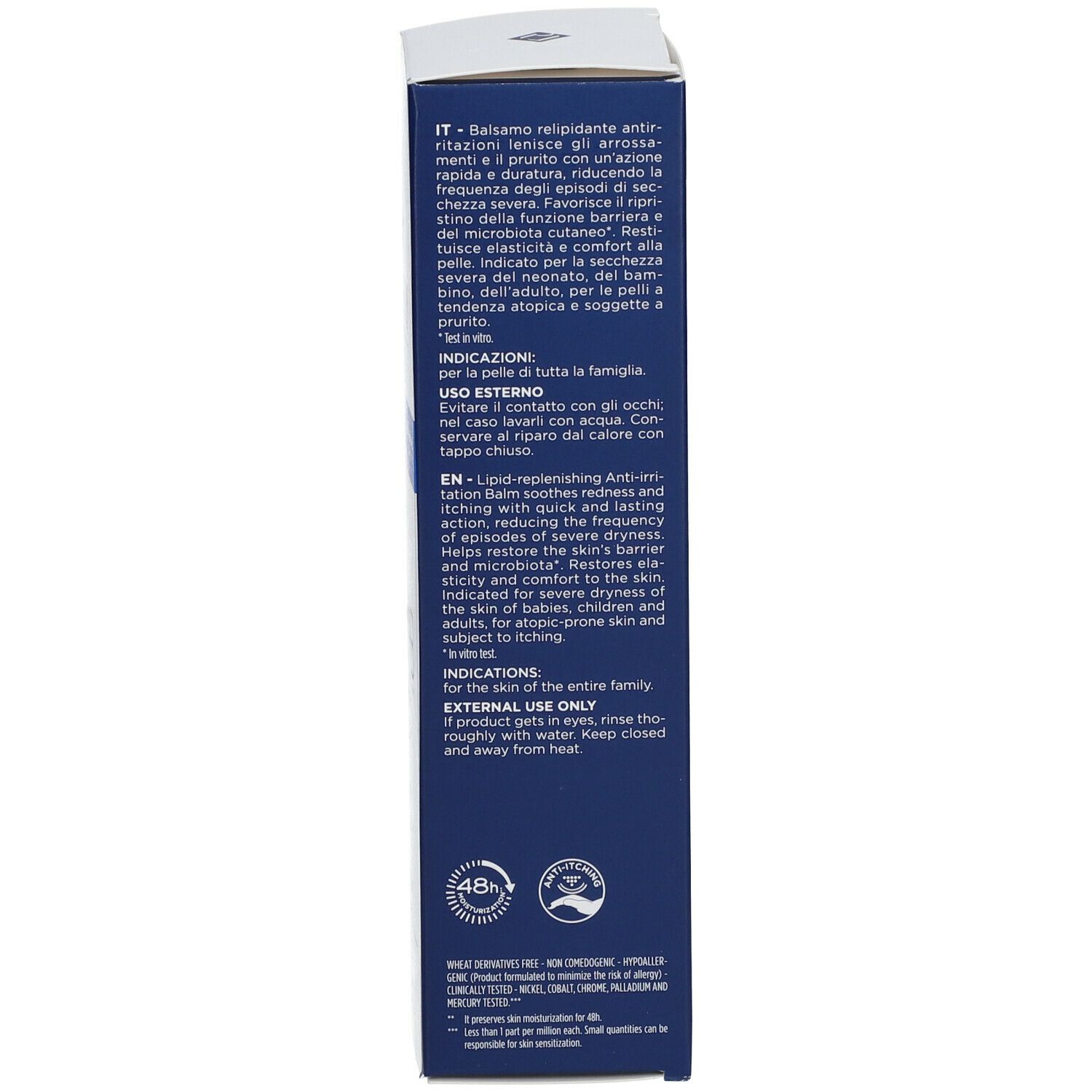 Lato della confezione del prodotto. Bianco con stampa blu. Contiene testo multilingue.