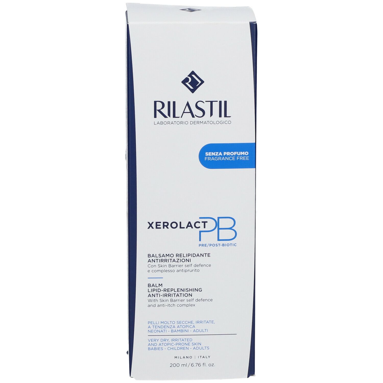 Confezione del prodotto: scatola. Bianco con stampa blu. Contiene balsamo. Marchio: Rilastil. Testo: XEROLACT PB.