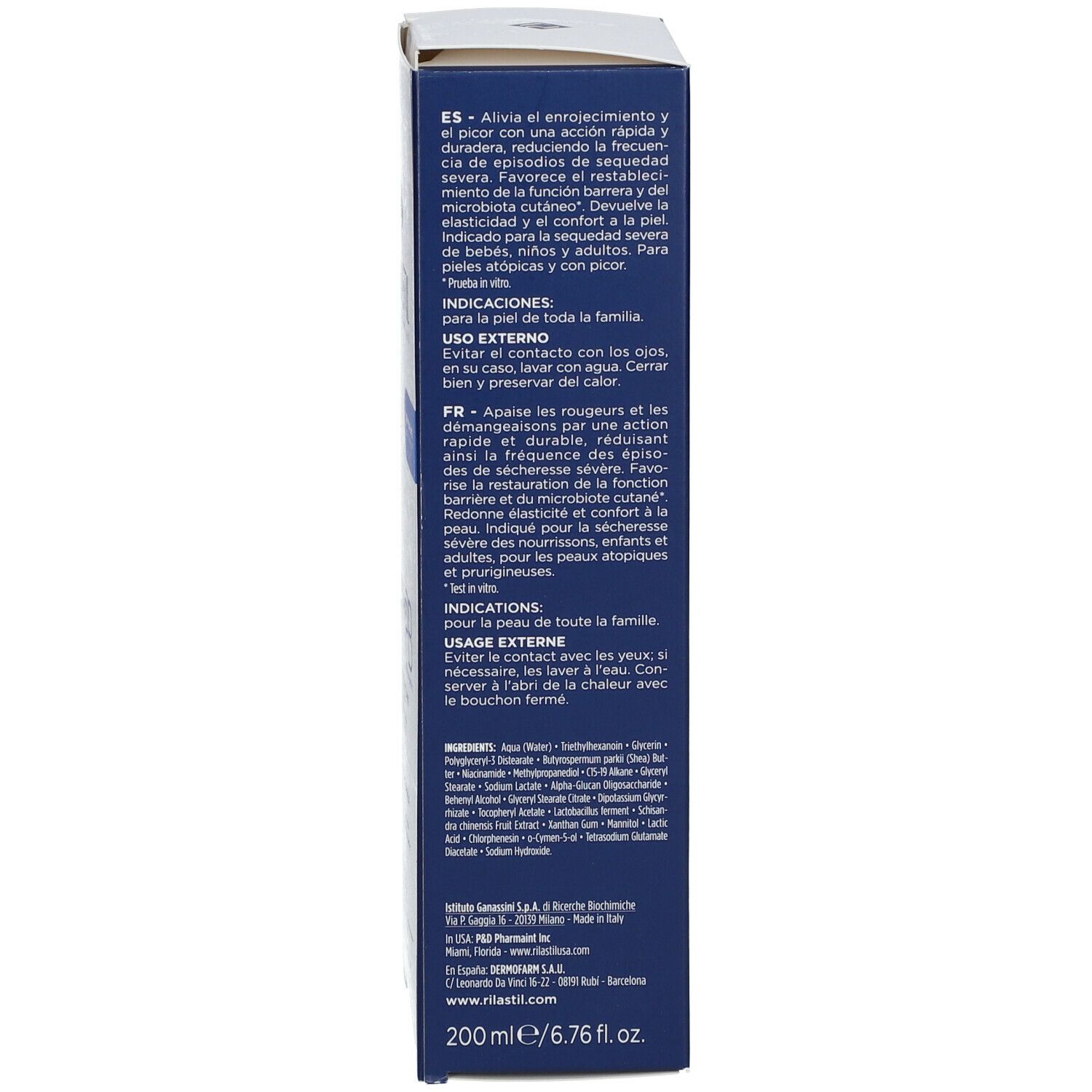 Lato della confezione del prodotto. Bianco con stampa blu. Contiene testo multilingue.