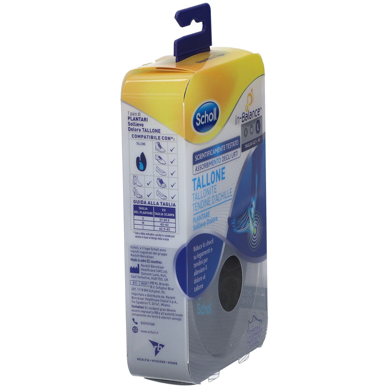 Solette Scholl In-Balance, confezione. Retro con informazioni prodotto. Taglia L. Logo Scholl.