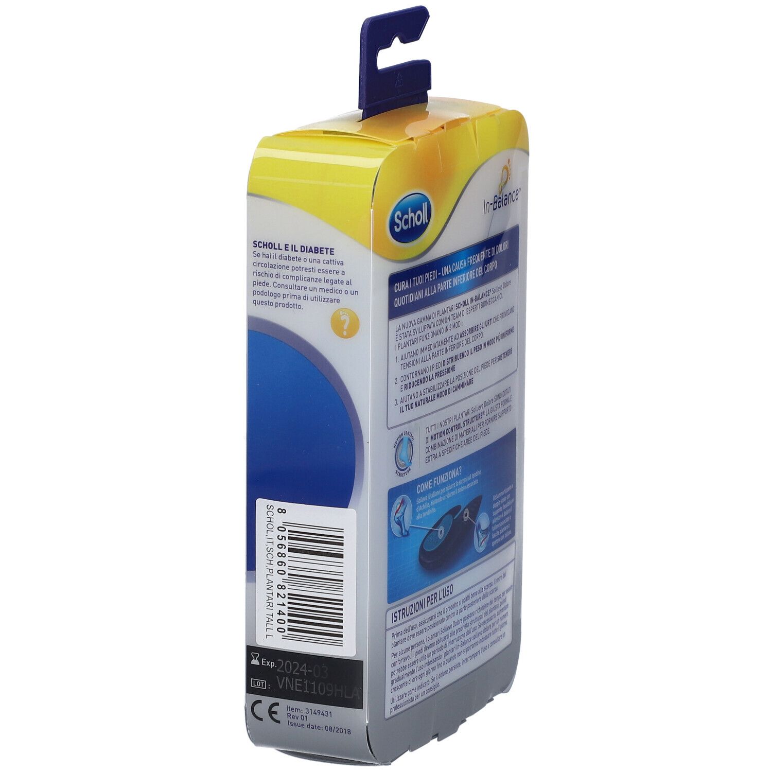 Solette Scholl In-Balance, confezione. Fronte con vista prodotto. Taglia L. Logo Scholl.