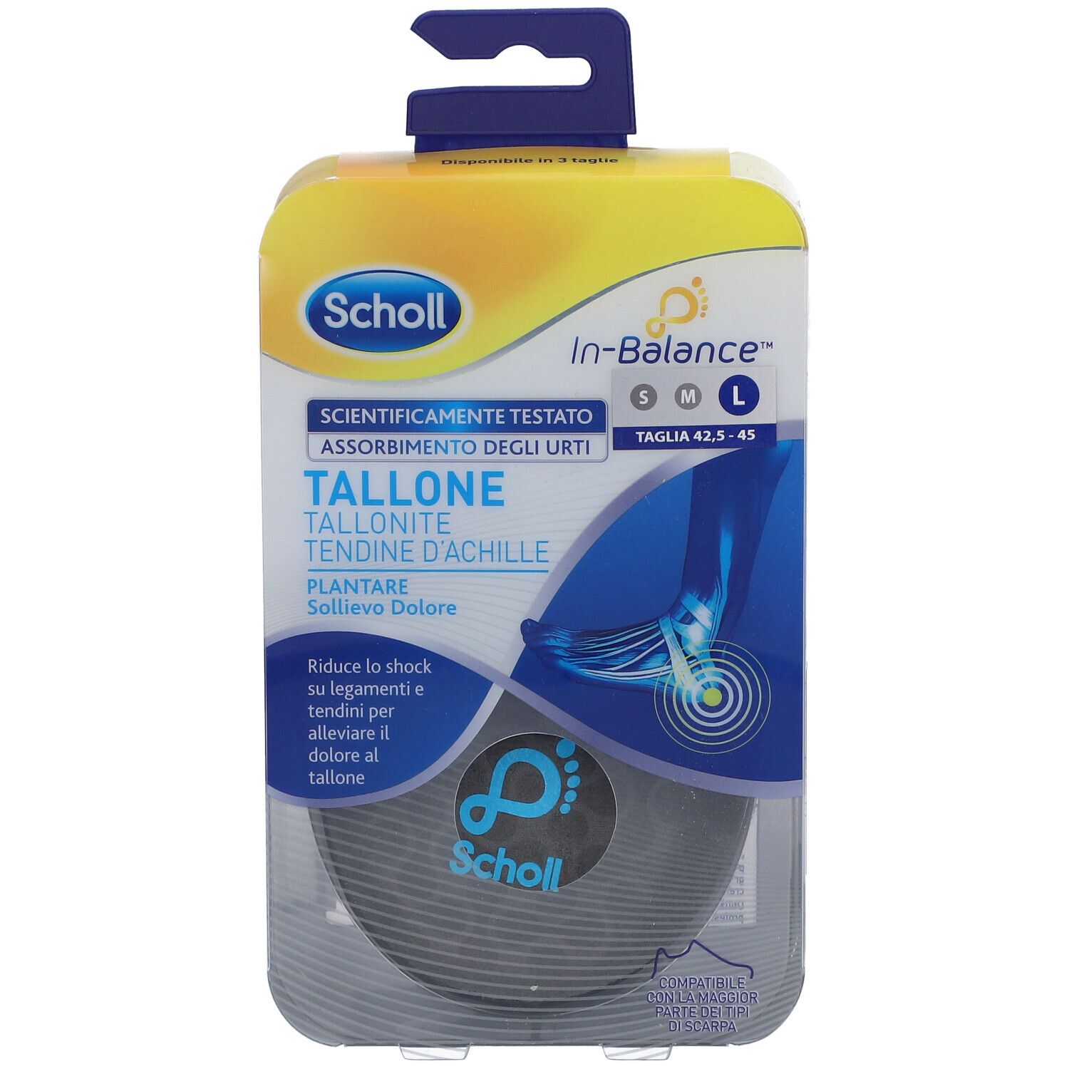 Solette Scholl In-Balance, confezione. Fronte con vista prodotto. Taglia L. Logo Scholl.