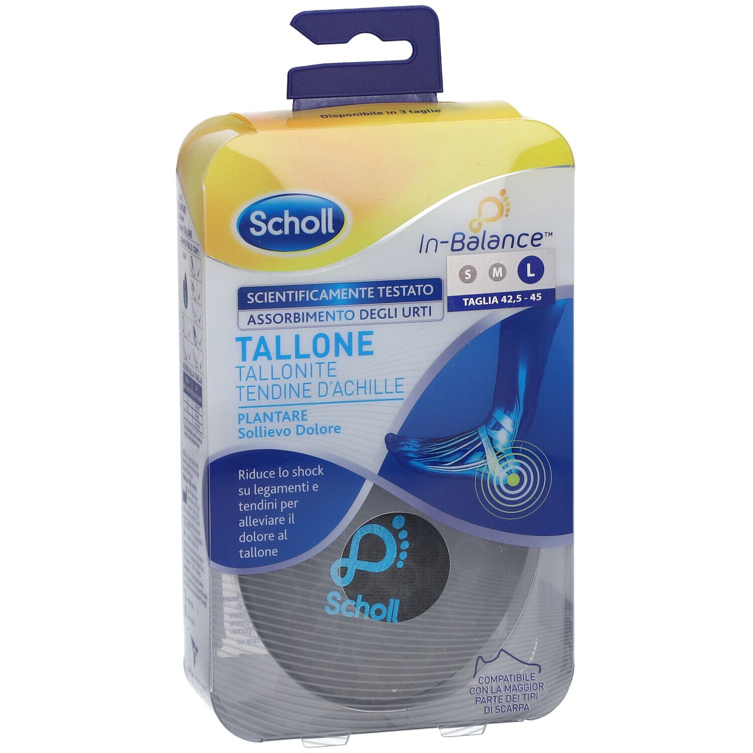 Solette Scholl In-Balance, confezione. Fronte con vista prodotto. Taglia L. Logo Scholl.