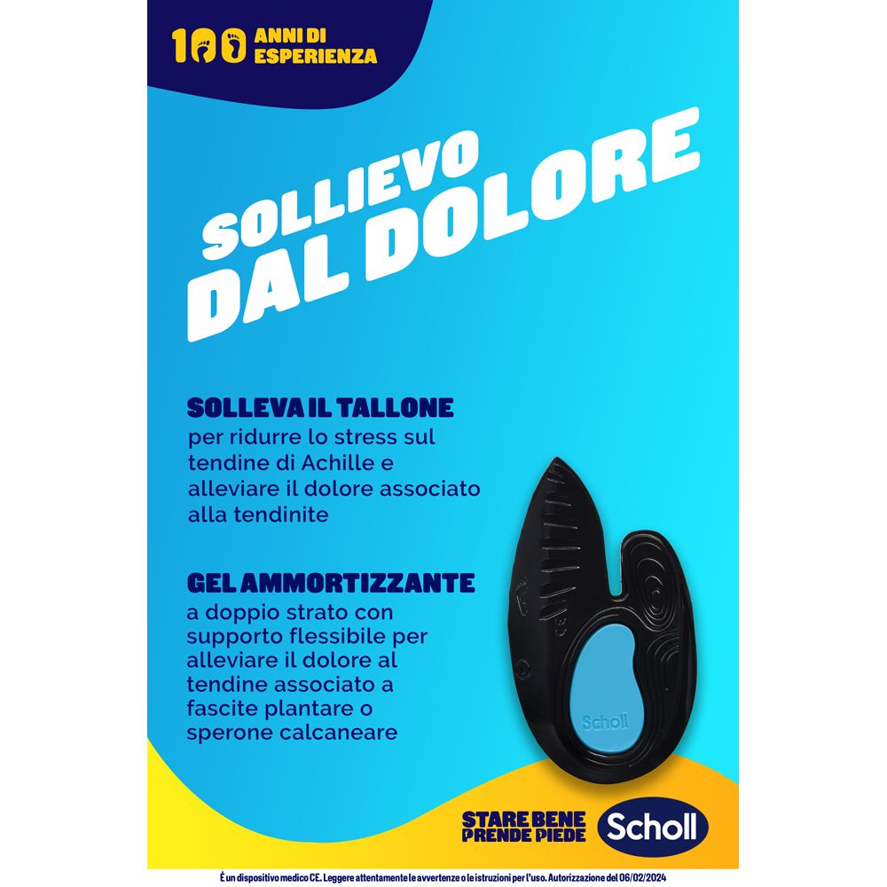 Poster: Soletta Scholl In-Balance. Testo: Sollievo dal dolore. Ammortizzazione gel. Logo Scholl.