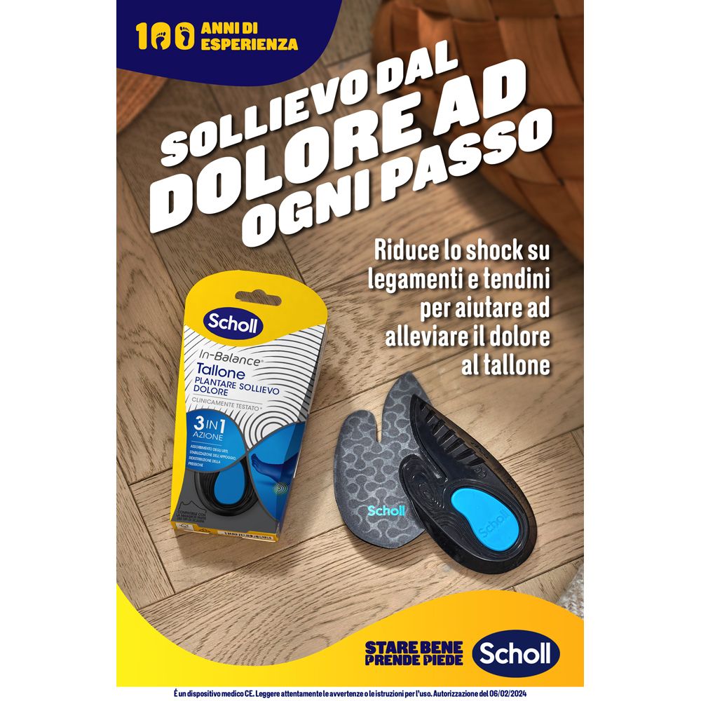 Poster: Solette Scholl In-Balance e confezione. Testo: Sollievo dal dolore ad ogni passo. Logo Scholl.