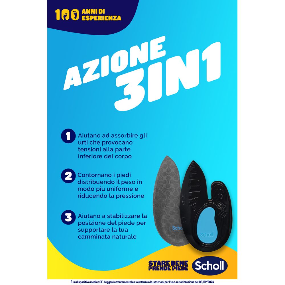Poster: Solette Scholl In-Balance. Azione 3-in-1. Testo: Assorbimento, adattamento, stabilizzazione. Logo Scholl.
