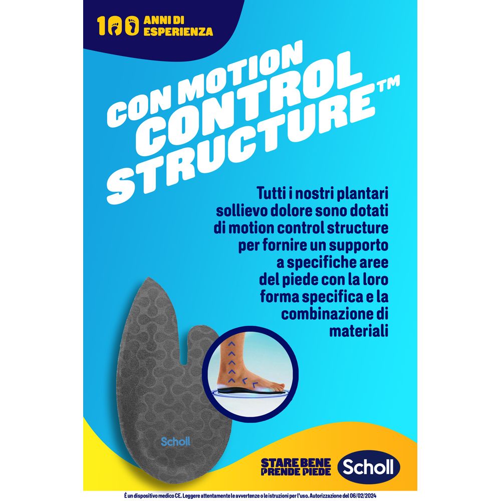 Poster: Soletta Scholl In-Balance. Testo: Motion Control Structure. Aree specifiche del piede. Logo Scholl.