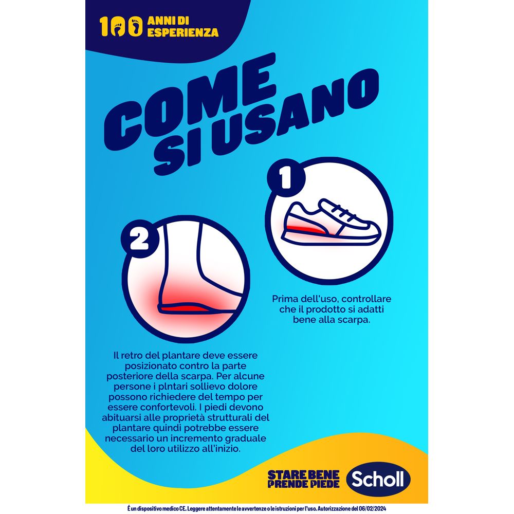 Poster: Soletta Scholl In-Balance. Testo: Come usare. Illustrazioni piede e scarpa. Logo Scholl.
