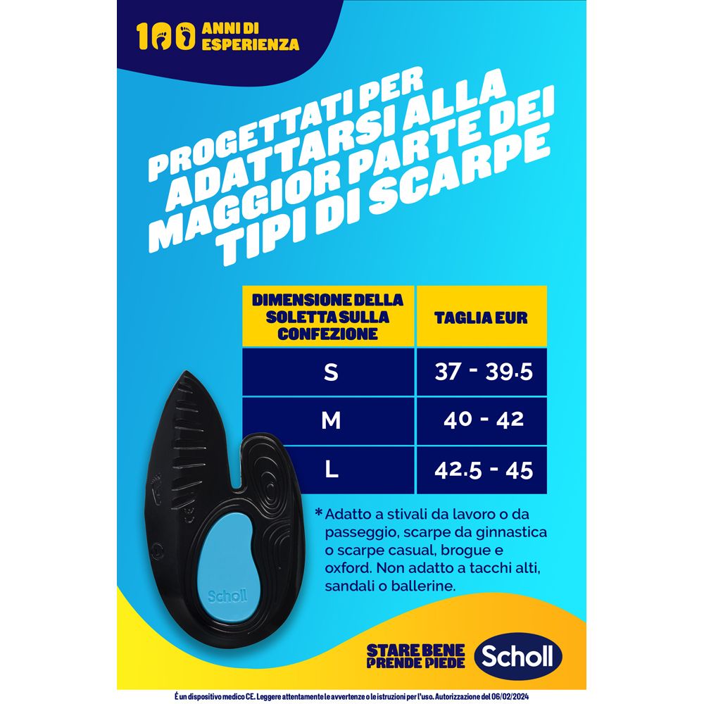 Poster: Soletta Scholl In-Balance. Tabella taglie: S, M, L. Adatto a vari tipi di scarpe. Logo Scholl.