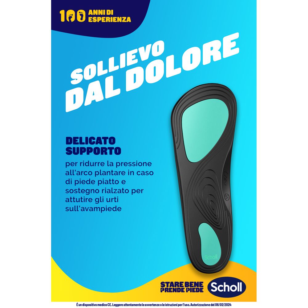 Poster con testo: « Sollievo dal dolore ». Soletta con accenti turchese. Marchio Scholl.