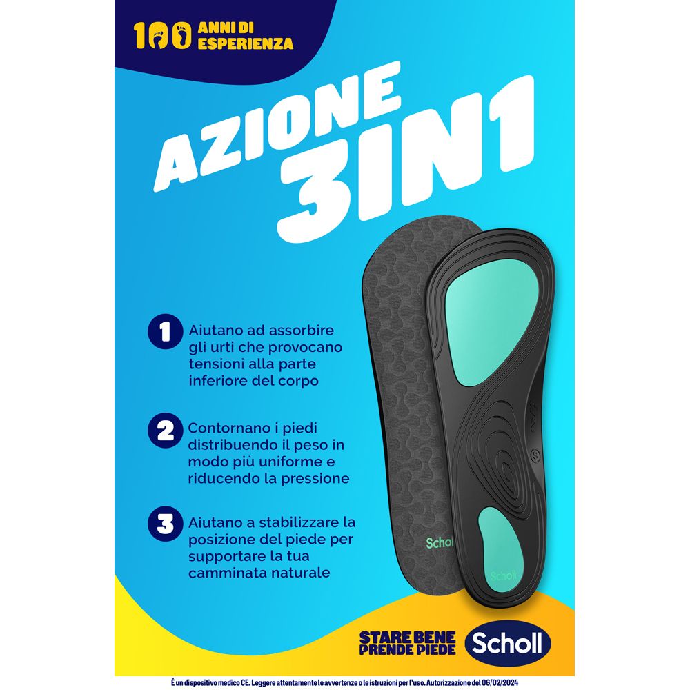 Poster con testo: « Azione 3 in 1 ». Solette con accenti turchese. Marchio Scholl.
