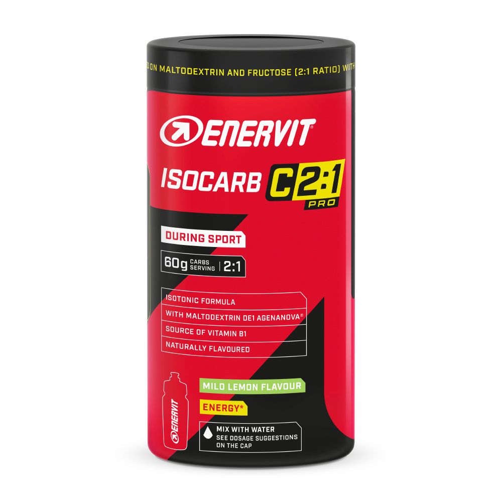 Barattolo rosso con coperchio nero. Scritta: Enervit Isocarb C2:1 Pro. Formula isotonica, 60g carboidrati, rapporto 2:1.