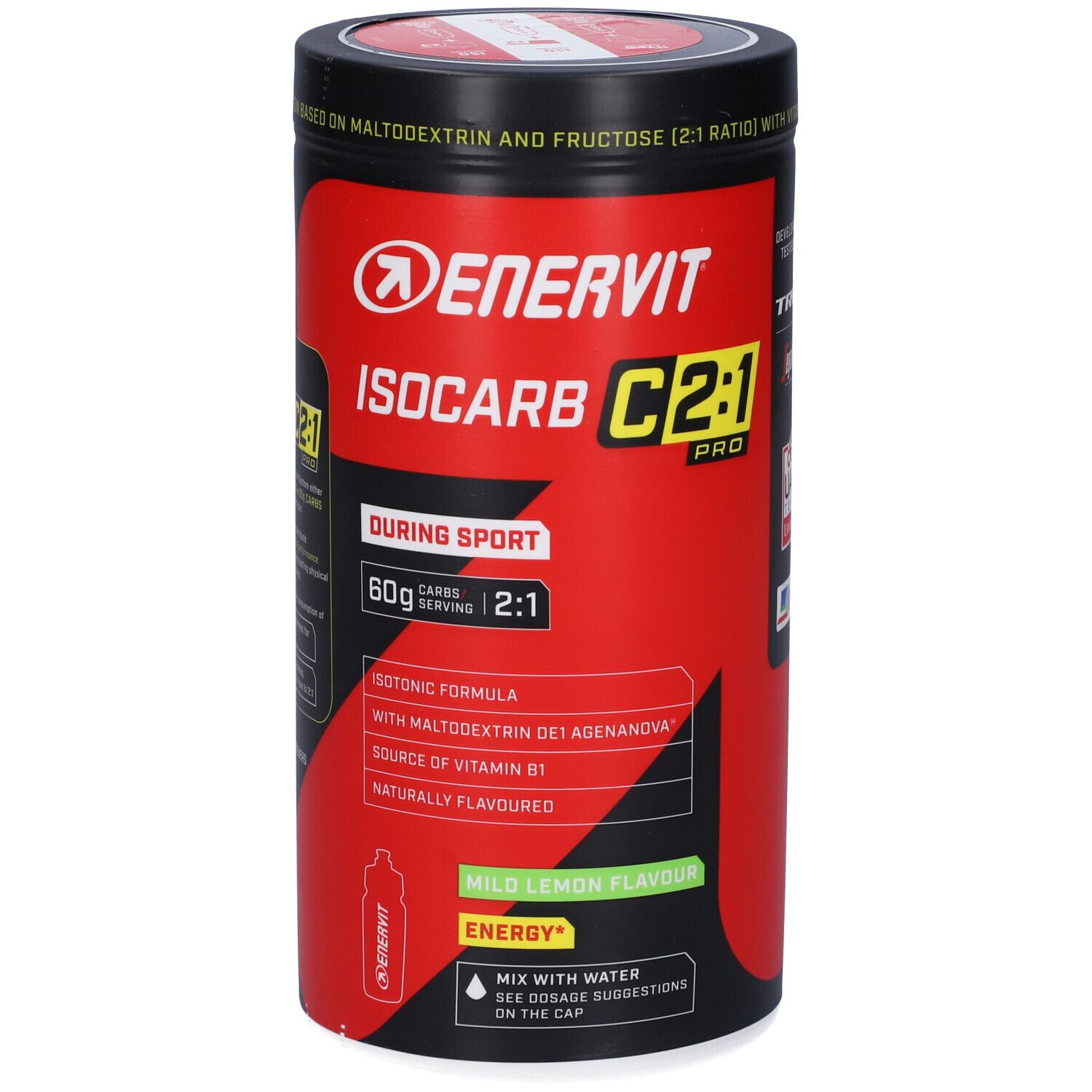 Barattolo rosso con coperchio nero. Scritta: Enervit Isocarb C2:1 Pro. Formula isotonica, 60g carboidrati, rapporto 2:1.