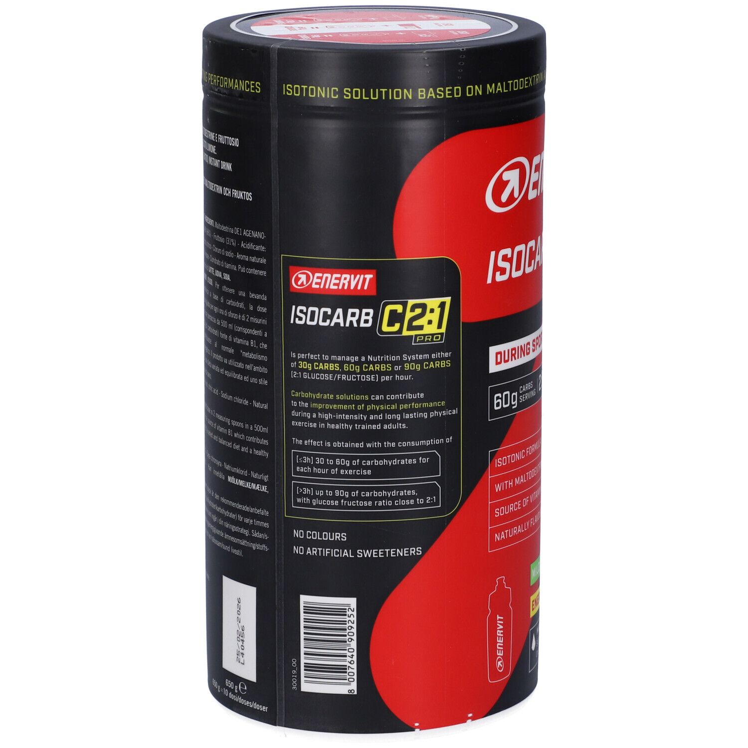 Barattolo cilindrico, rosso e nero. Scritta: Enervit Isocarb C2:1 Pro. Retro con informazioni nutrizionali e ingredienti.