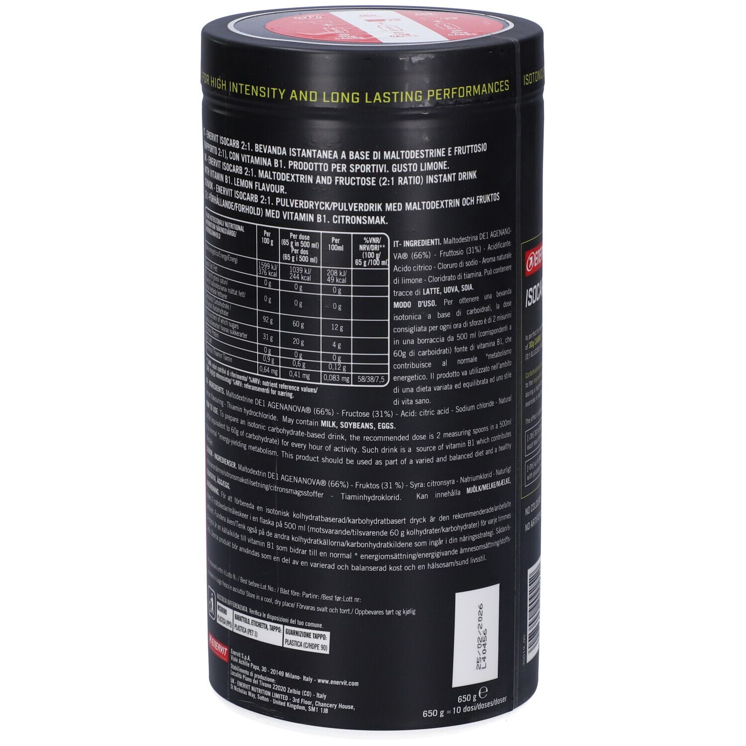 Barattolo cilindrico, rosso e nero. Scritta: Enervit Isocarb C2:1 Pro. Retro con informazioni nutrizionali e ingredienti.