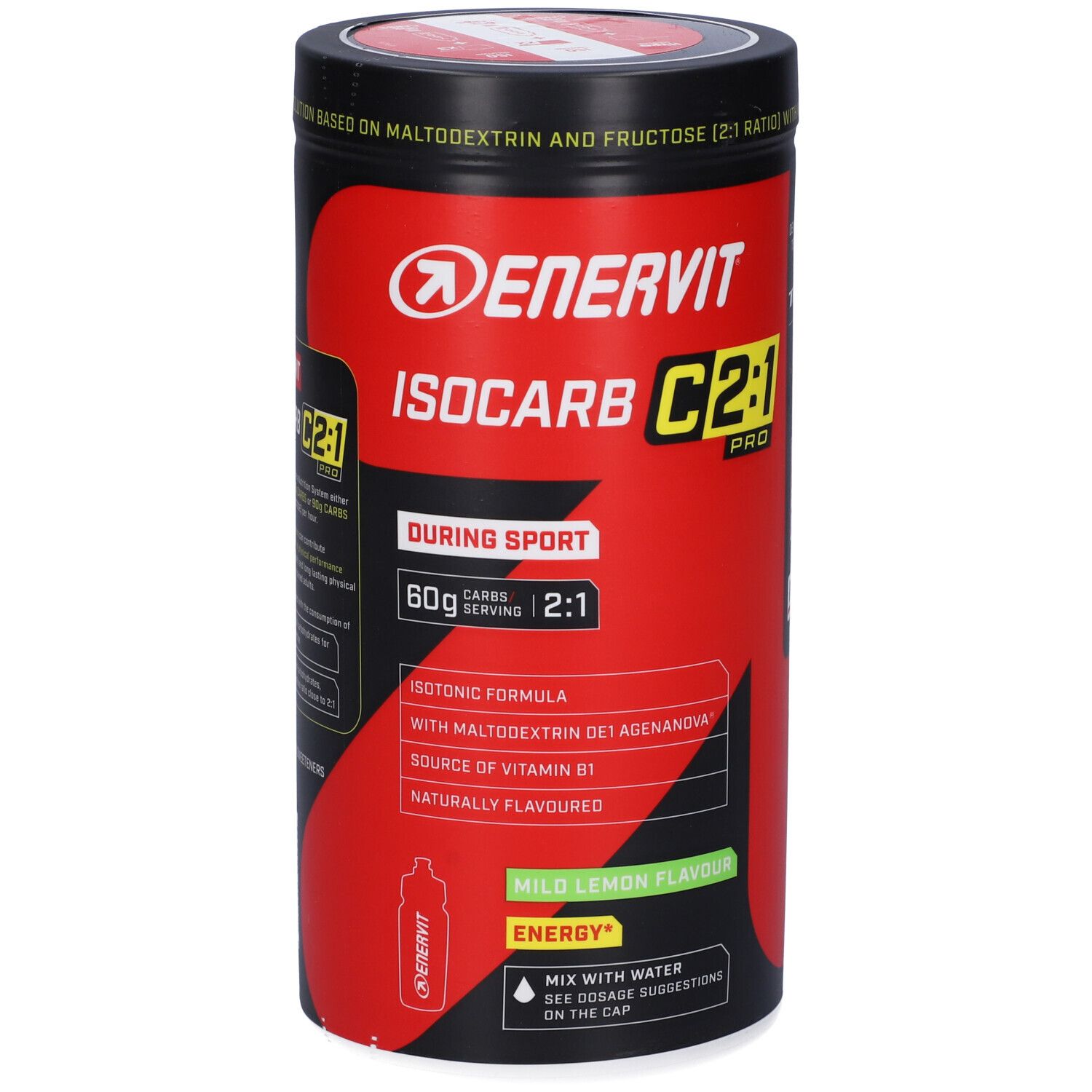 Barattolo rosso con coperchio nero. Scritta: Enervit Isocarb C2:1 Pro. Formula isotonica, 60g carboidrati, rapporto 2:1.