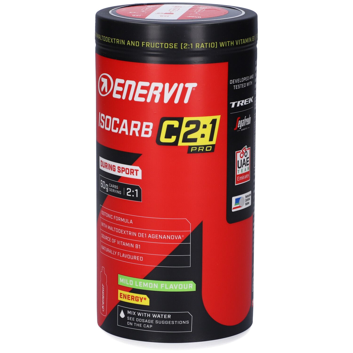 Barattolo rosso con coperchio nero. Scritta: Enervit Isocarb C2:1 Pro. Formula isotonica, 60g carboidrati, rapporto 2:1.