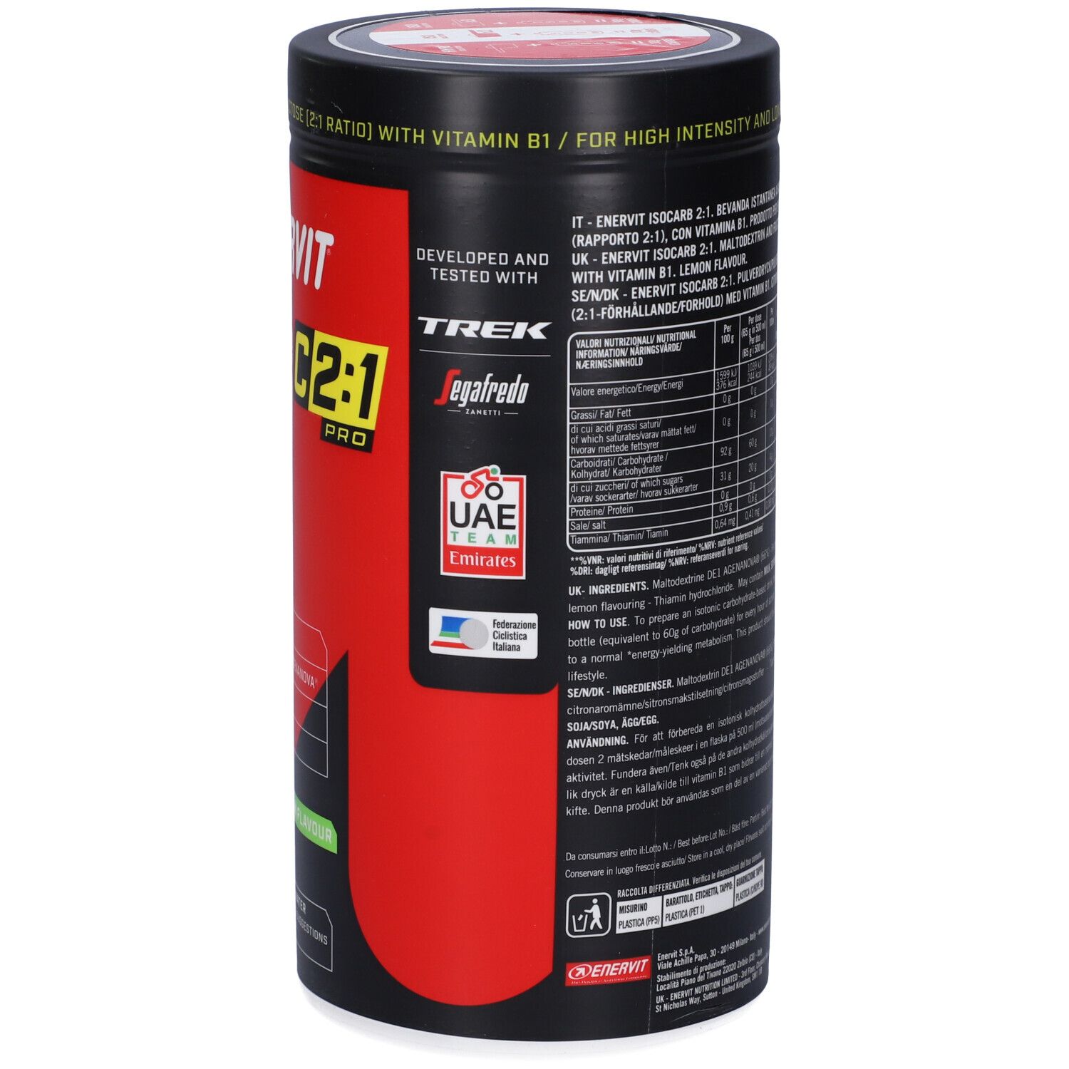 Barattolo cilindrico, rosso e nero. Scritta: Enervit Isocarb C2:1 Pro. Retro con informazioni nutrizionali e ingredienti.