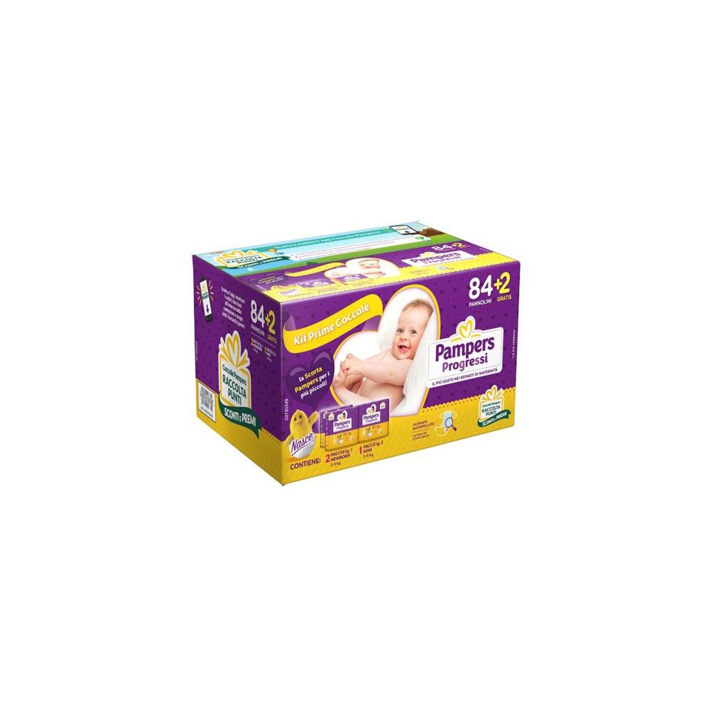 Scatola di pannolini Pampers Progressi. Scritte: 84+2, bambino, logo. Confezione viola e gialla.