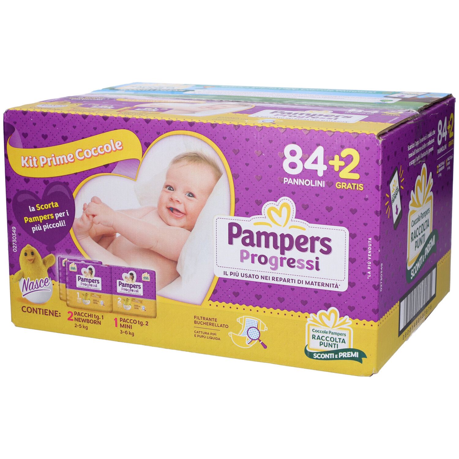 Scatola di pannolini Pampers Progressi. Scritte: 84+2, bambino, logo. Confezione viola e gialla.